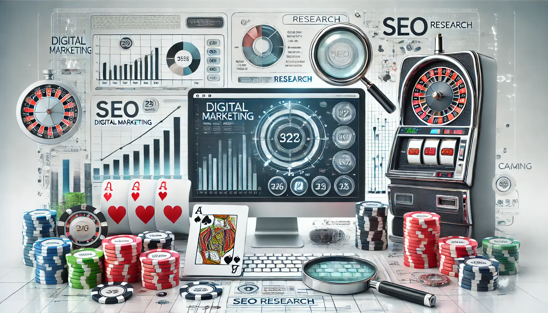 A digital marketing scene with casino elements such as chips, playing cards, and a magnifying glass symbolizing SEO research.