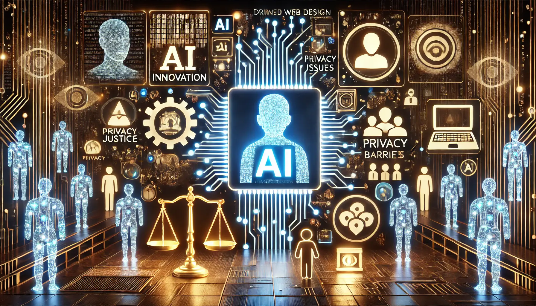 A visual contrast between AI innovation and ethical challenges in web design, featuring glowing circuits and symbolic representations like scales of justice and privacy barriers.