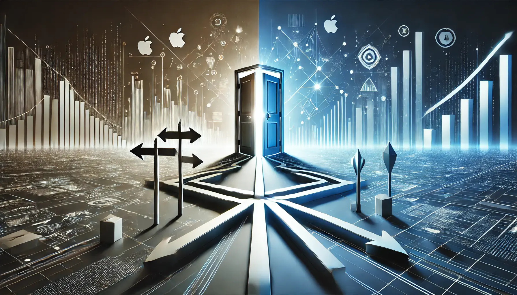 Futuristic scene representing challenges and opportunities for Apple Search Ads, with barriers on one side and growth symbols like rising graphs on the other.