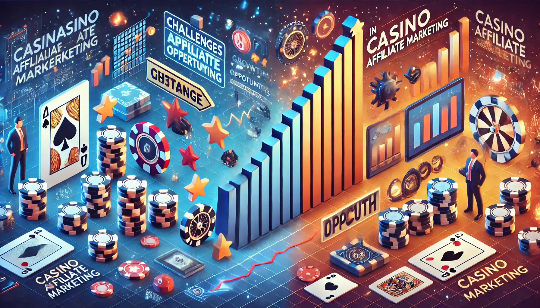 A split-screen image showing obstacles like barriers and warning signs on one side, and growth opportunities like graphs and success icons on the other, combined with casino elements like poker chips and roulette.