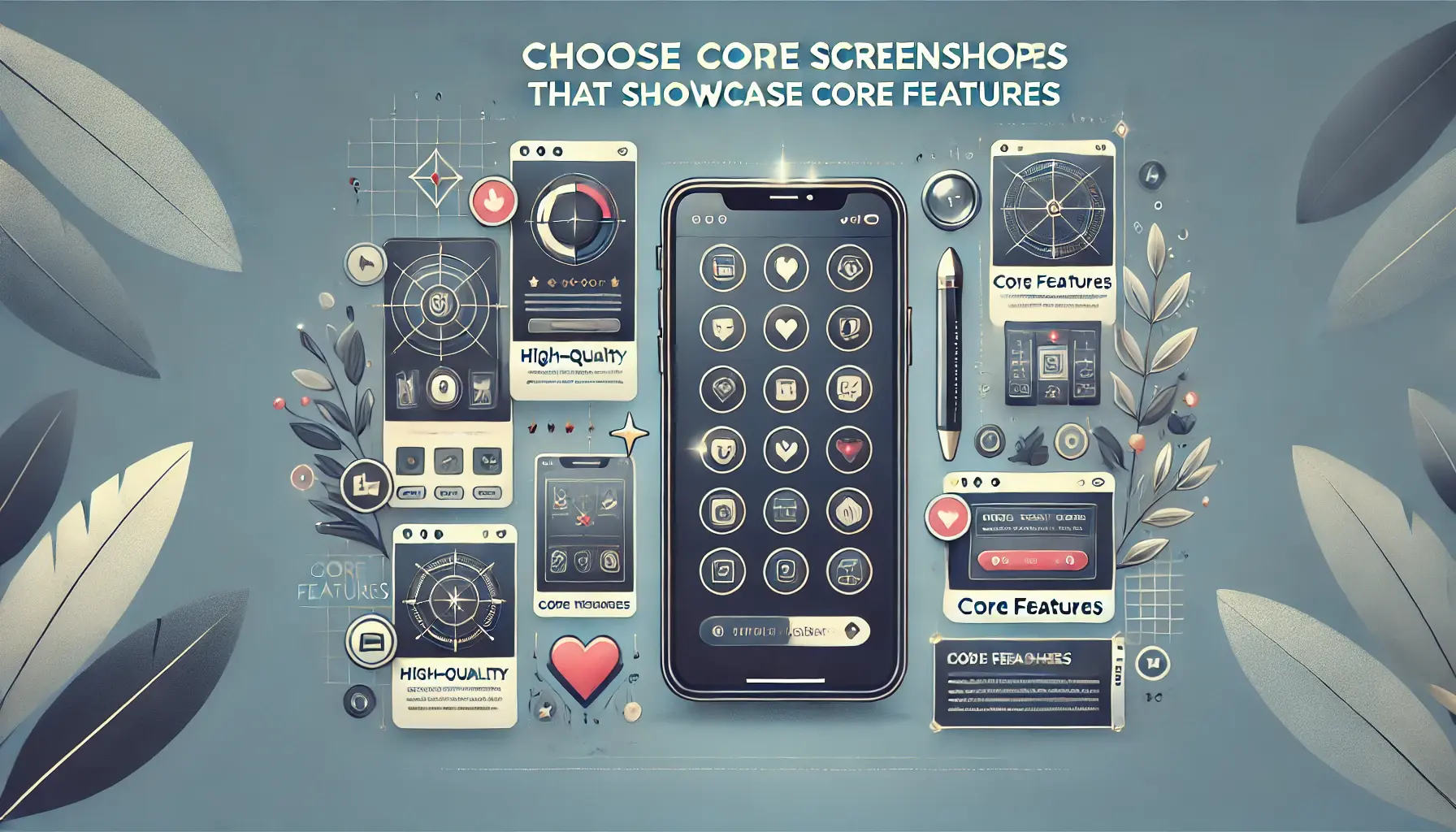 An image of a smartphone displaying high-quality app screenshots with design elements like arrows and frames, symbolizing the focus on showcasing an app's core features.