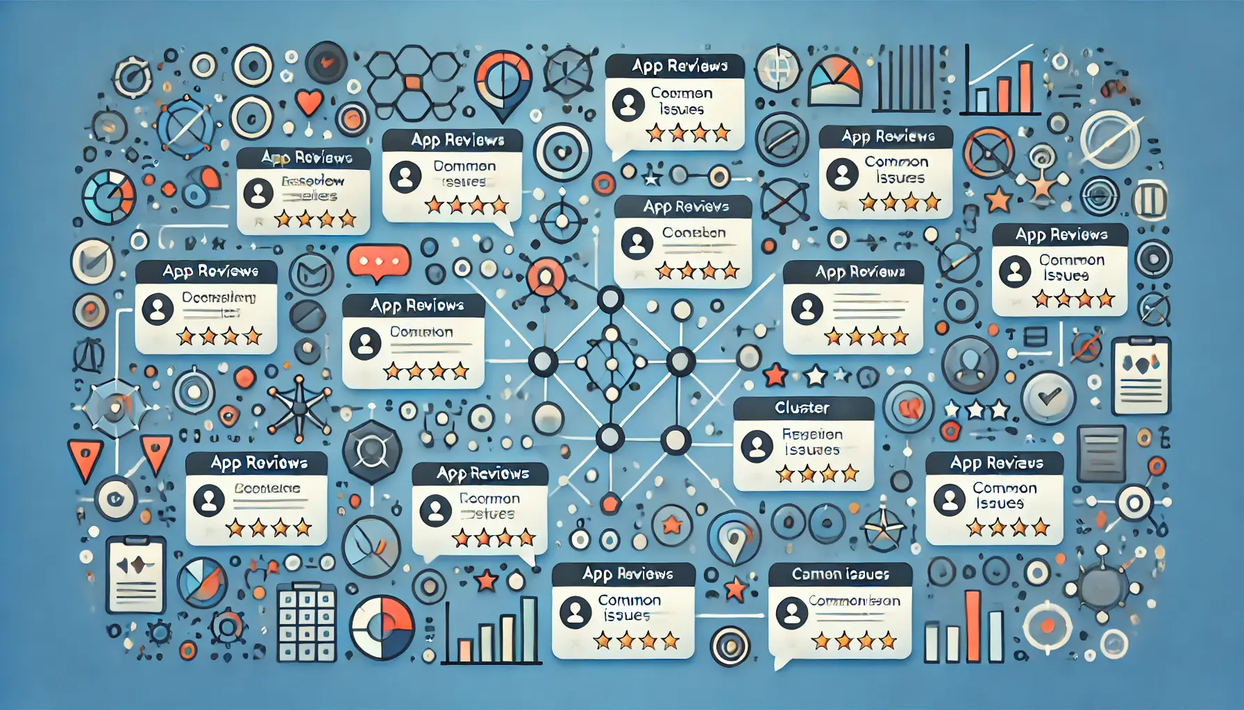 Multiple app reviews grouped together with cluster diagrams and analytics visuals to highlight common patterns and issues.