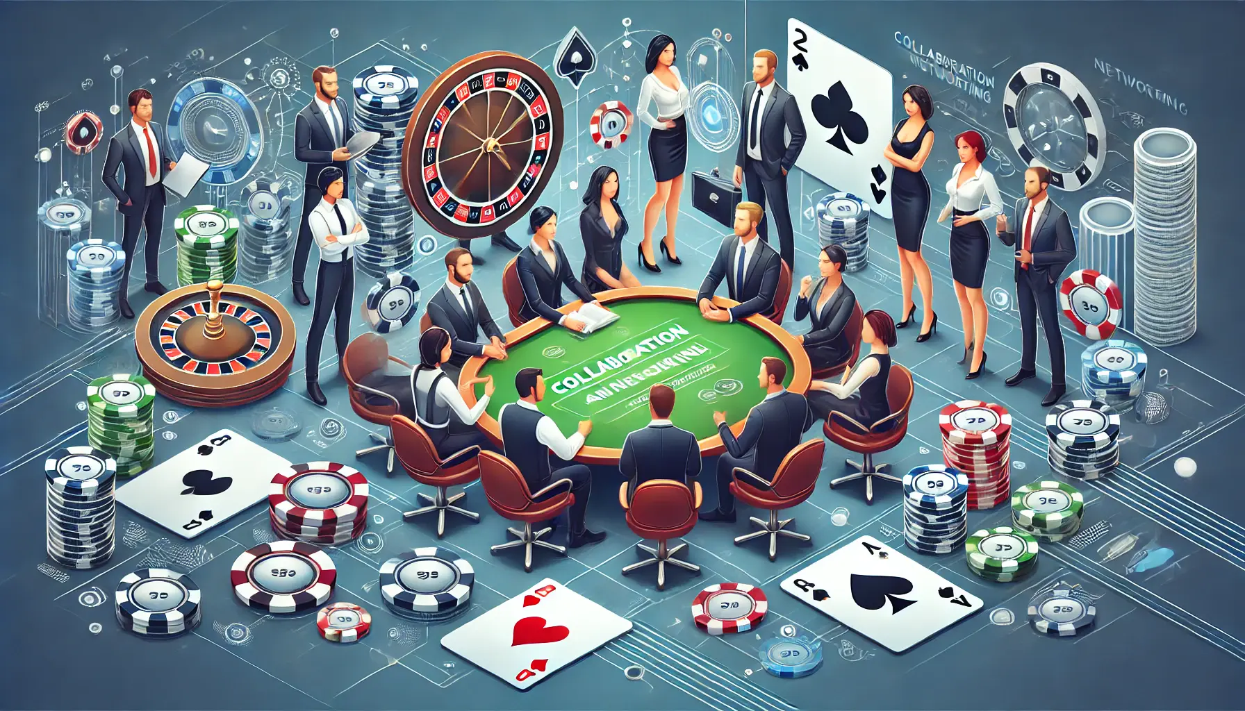 An image showing a group of people in a meeting or virtual conference exchanging ideas, with subtle casino elements like poker chips and roulette in the background.