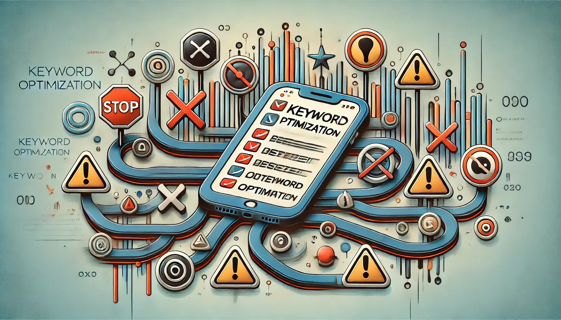 Abstract representation of common mistakes in keyword optimization, featuring warning signs and error indicators around a mobile device displaying an app store interface