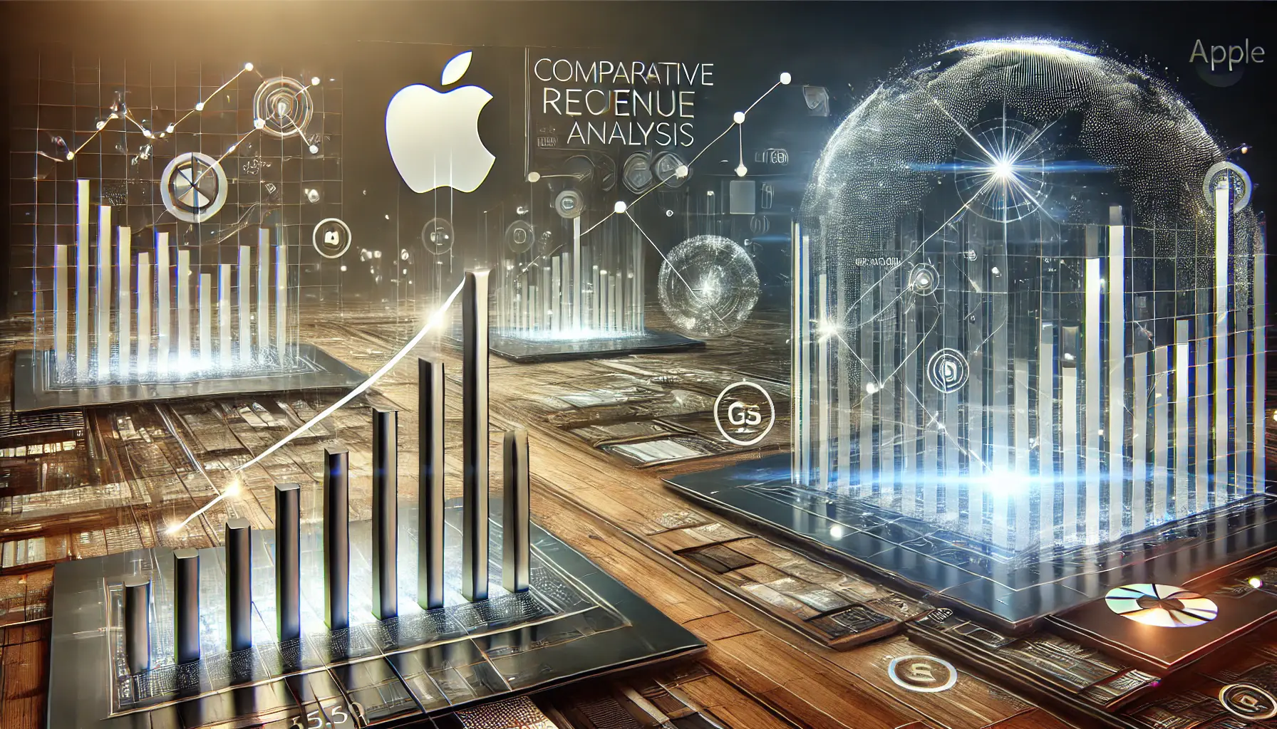 Futuristic digital landscape depicting a comparative revenue analysis with bar charts and data flows representing competition among tech giants.