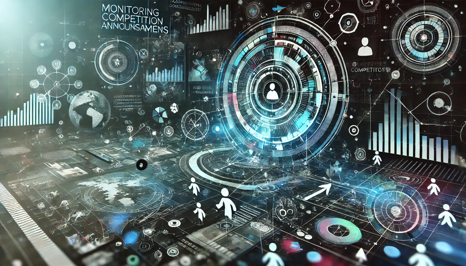 Abstract image representing the monitoring of competition announcements in the digital app world with interconnected data streams and radar-like elements.