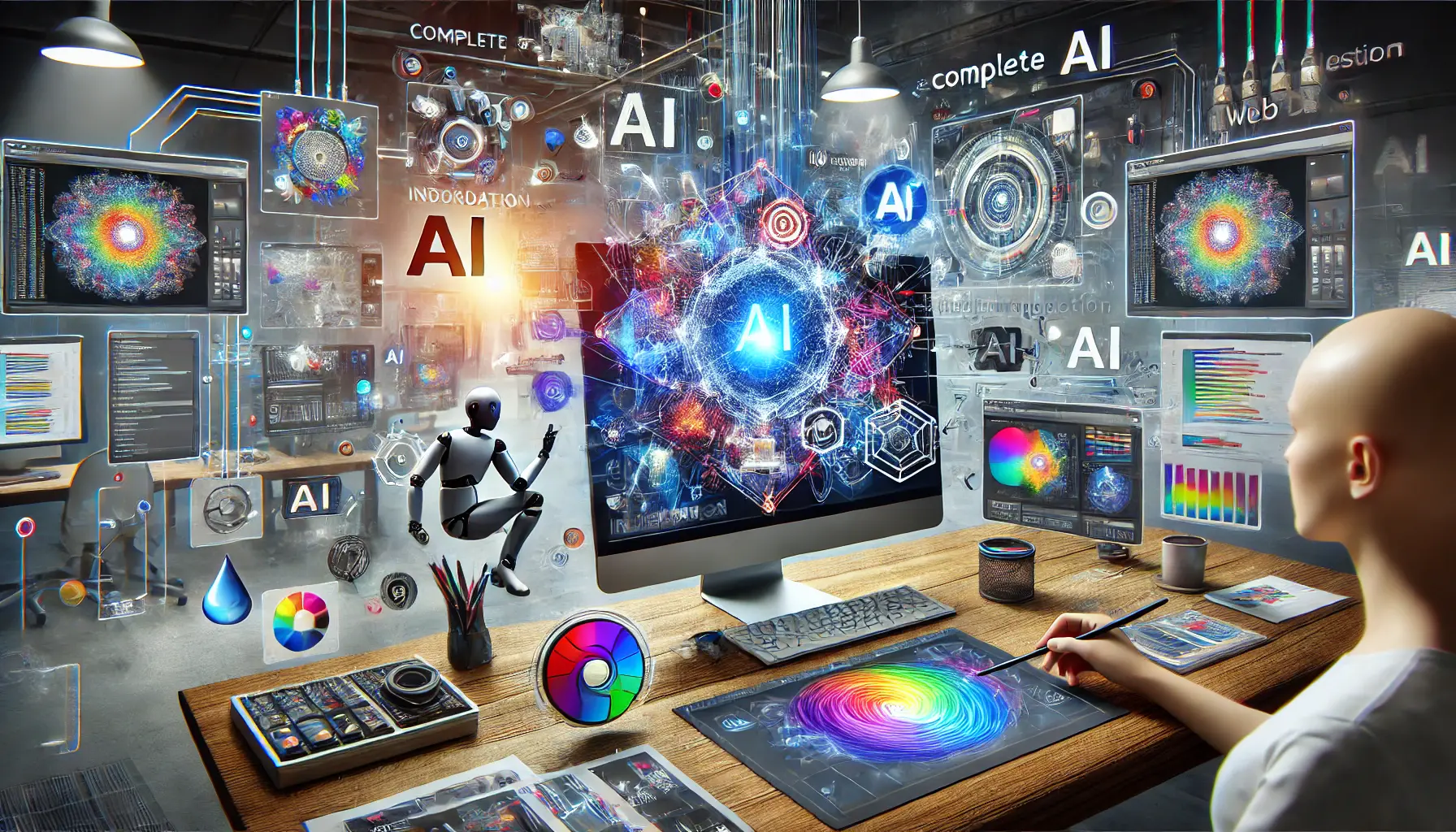 A scene depicting the seamless integration of AI in web design, with AI-driven tools and human creativity working together in a dynamic digital workspace.