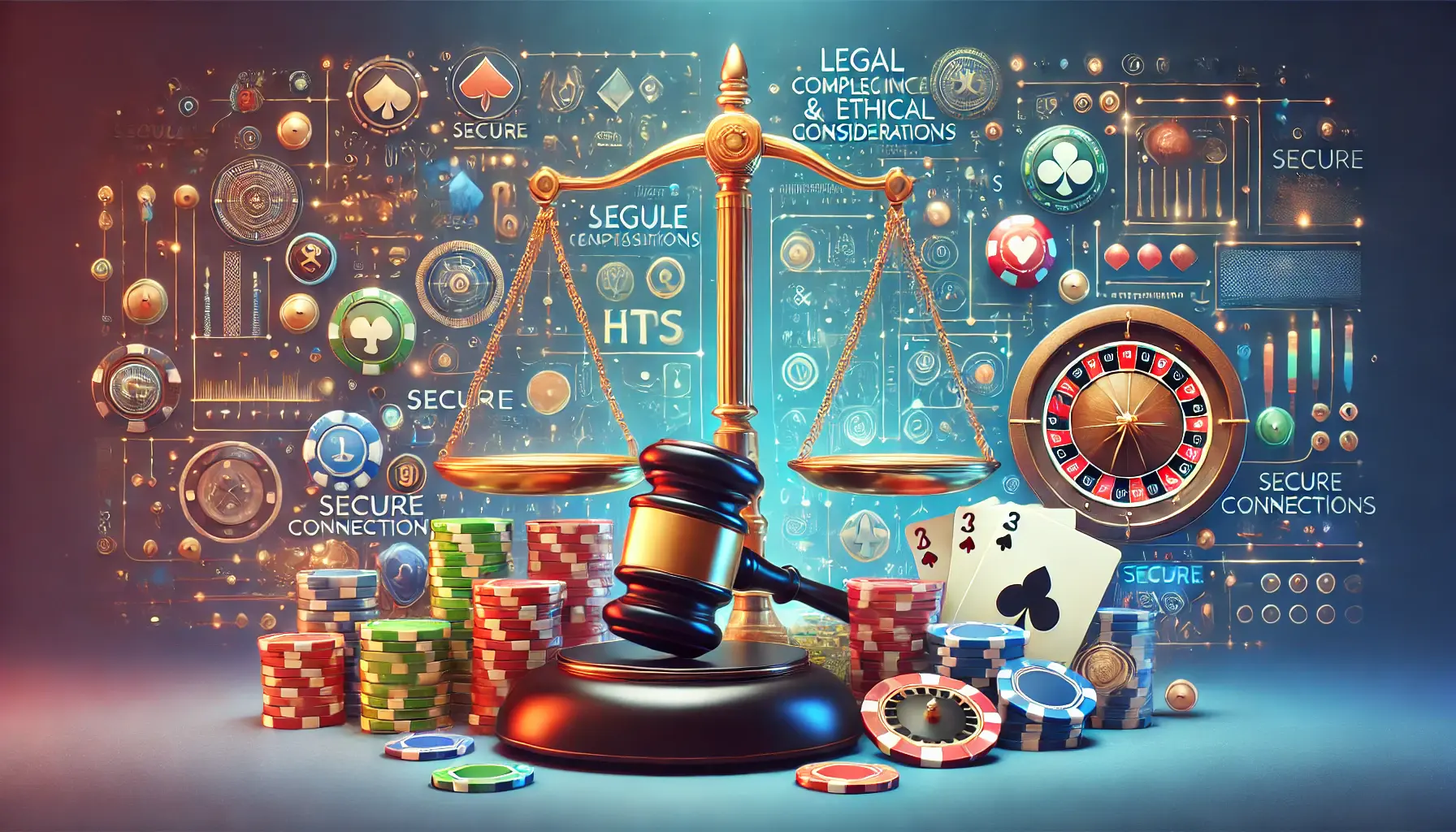 A balanced scene with casino elements like poker chips, cards, and roulette, alongside symbols of law such as scales of justice and a gavel.