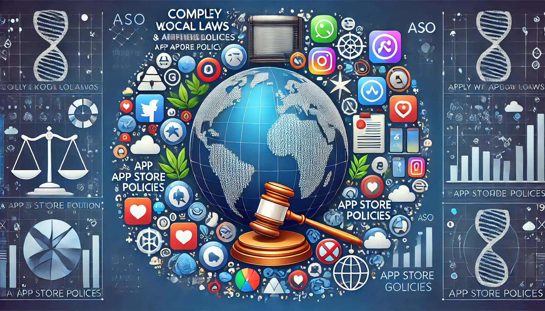 A globe with symbols of law, such as scales and app store icons, representing compliance with local regulations and app store policies across regions.