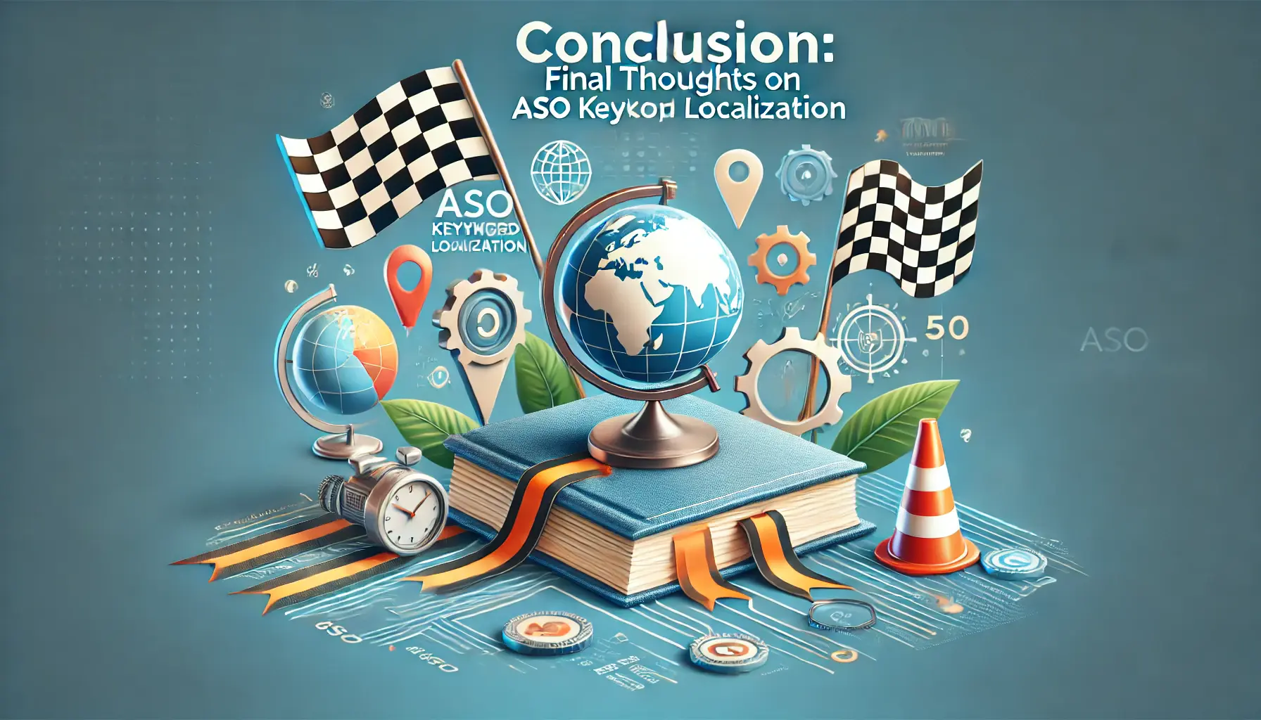 Closing book, checkered flag indicating the finish line, and a globe symbolizing global relevance, representing the conclusion of the ASO Keyword Localization discussion.