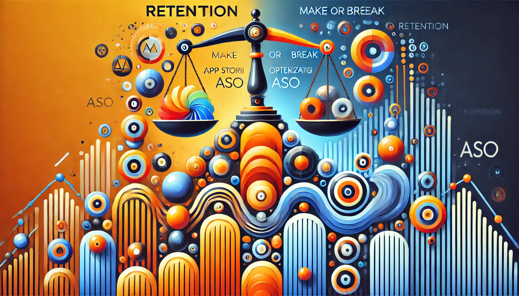 Abstract representation of retention's crucial impact on App Store Optimization (ASO) success, with balancing pathways symbolizing the importance of retention.