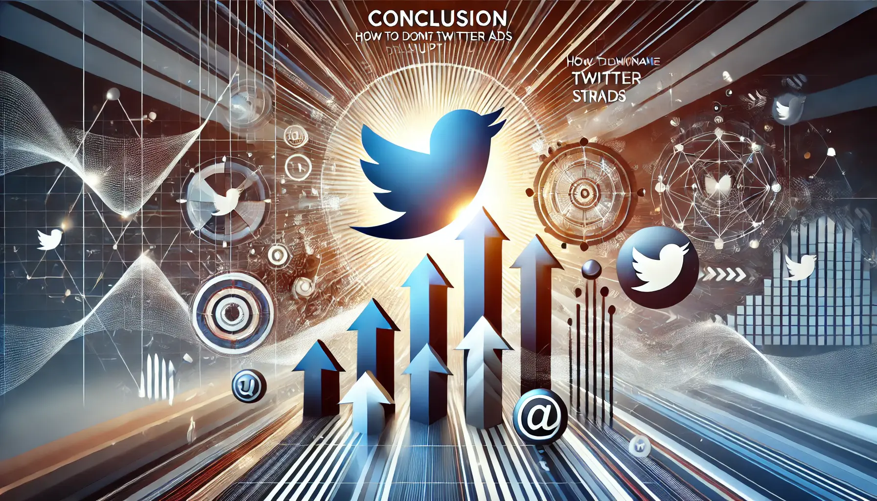 Abstract image representing dominance and success with upward arrows, digital waves, and Twitter logos