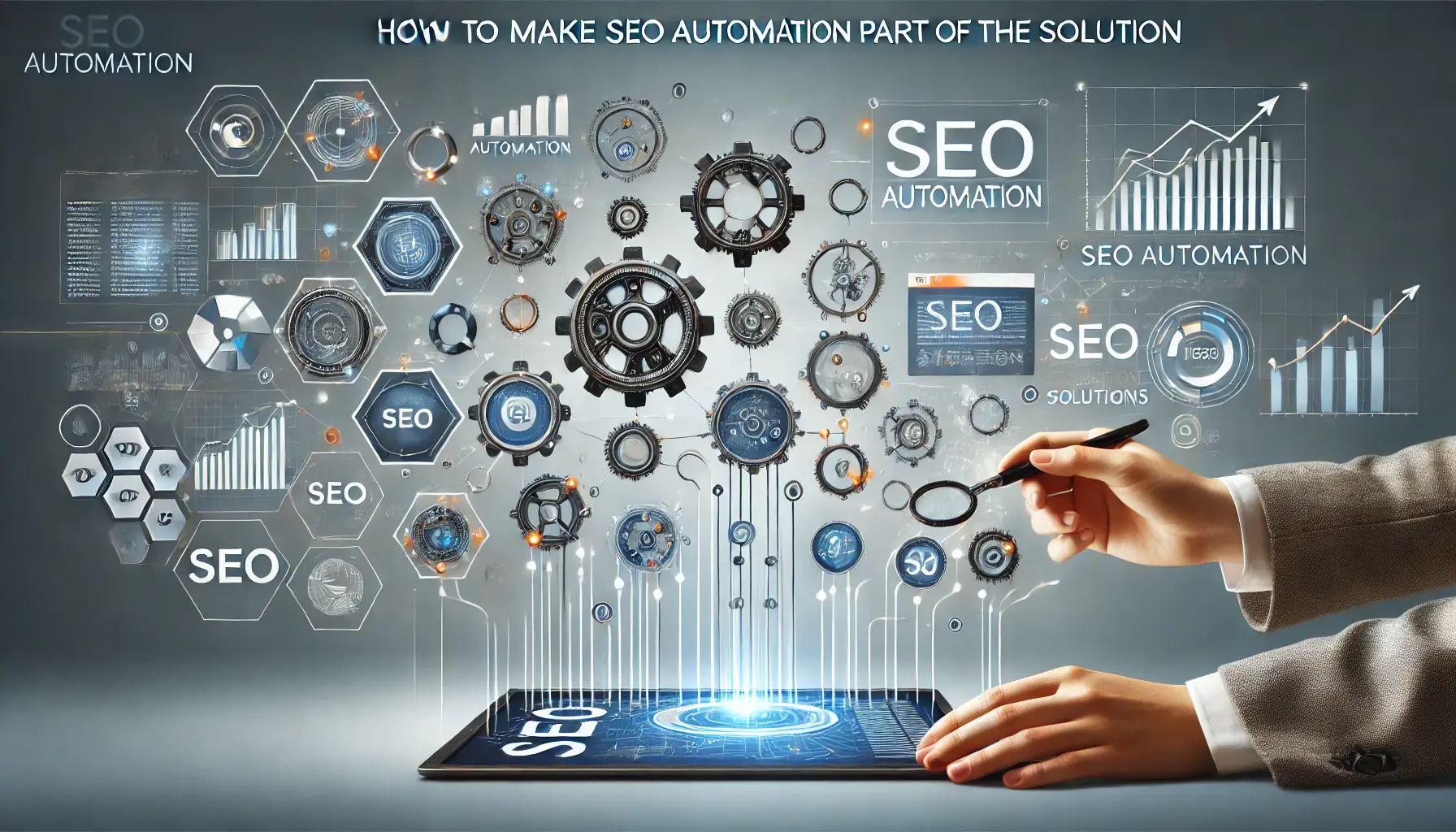 An image showing interconnected gears, data dashboards, and graphs, symbolizing the integration of SEO automation into a seamless solution.