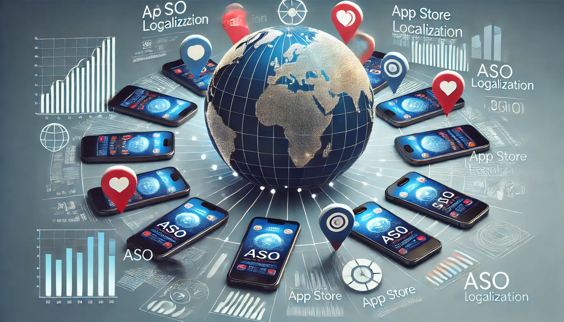 A globe surrounded by several mobile phones displaying localized versions of an app, symbolizing global reach through ASO localization, with subtle app store icons and charts.