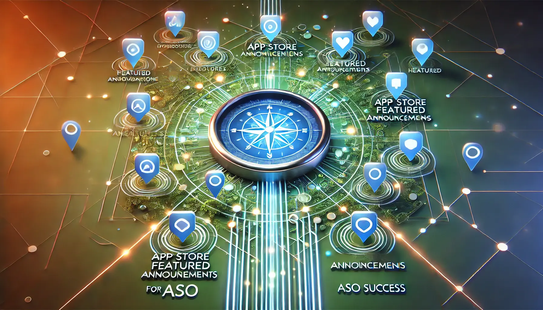 Abstract image representing navigation of App Store featured announcements with a digital compass and pathways guiding app icons.