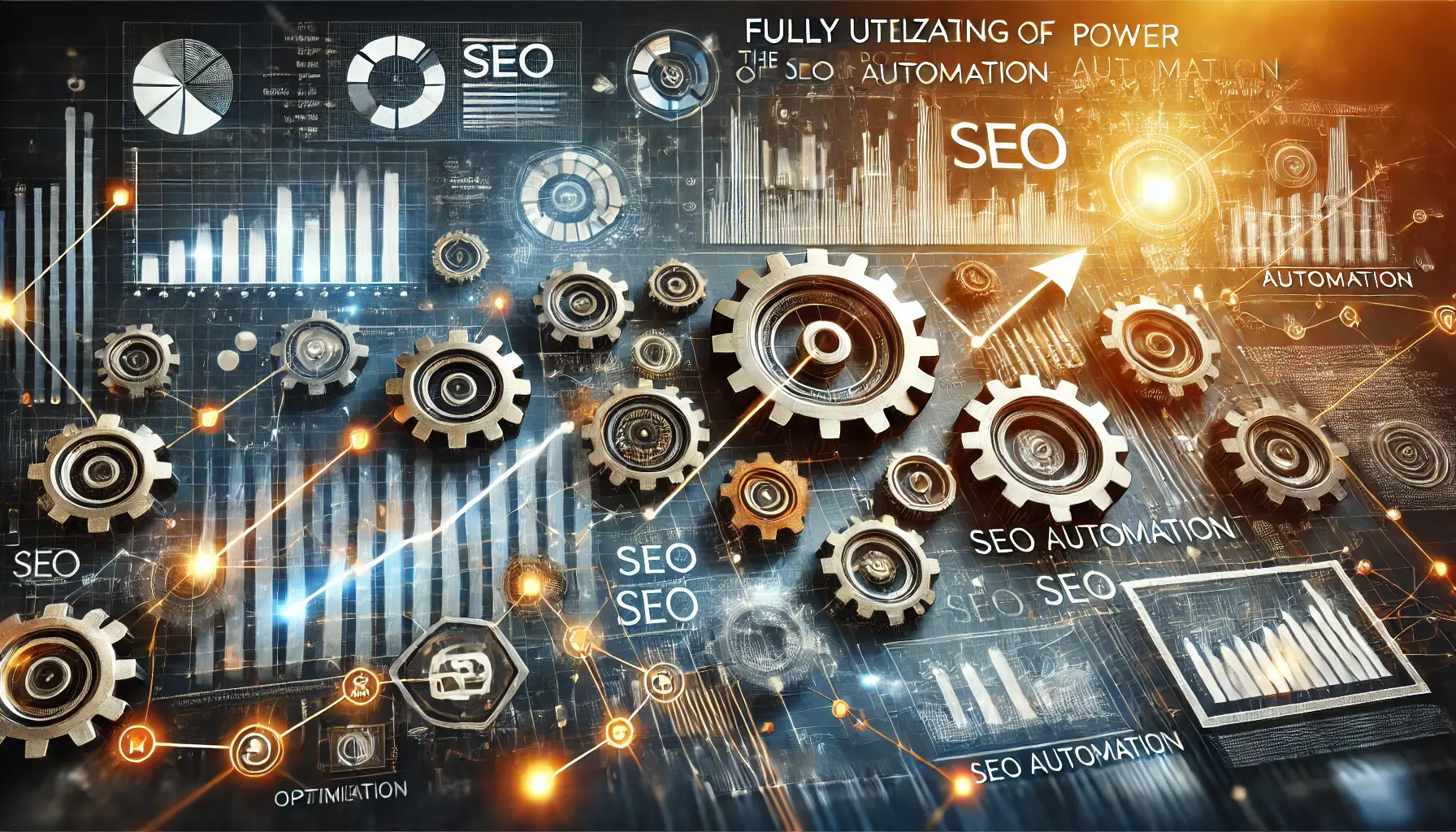 An image showing gears, dashboards, graphs, and upward arrows symbolizing the release of full potential and efficiency in SEO automation.