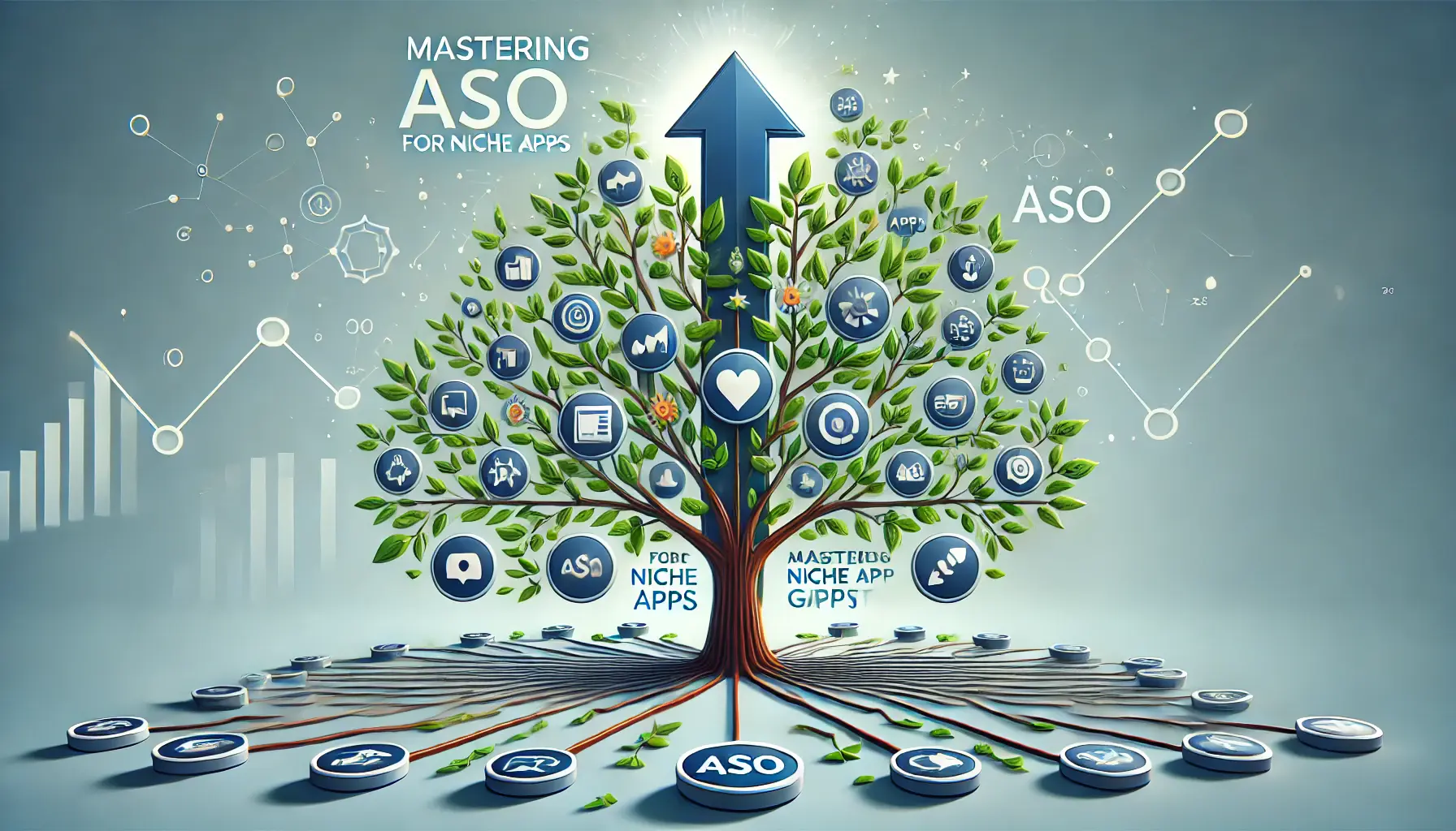 An image symbolizing sustainable growth in ASO for niche apps, featuring a growing tree or upward arrows with app-related icons.