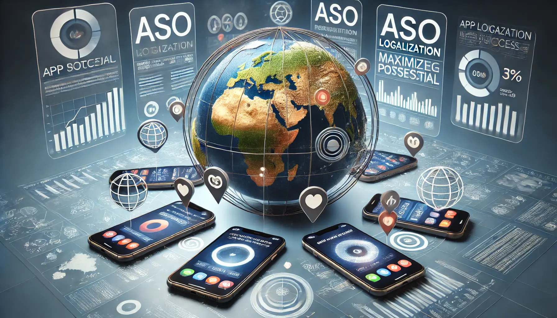 A globe surrounded by mobile devices showing localized app interfaces, with charts and app store icons in the background, symbolizing global success through ASO localization.