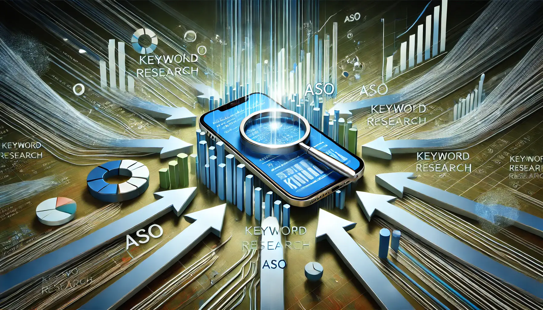 Abstract representation of the conclusion on keyword research in ASO, featuring a mobile device with keyword performance graphs and data lines converging