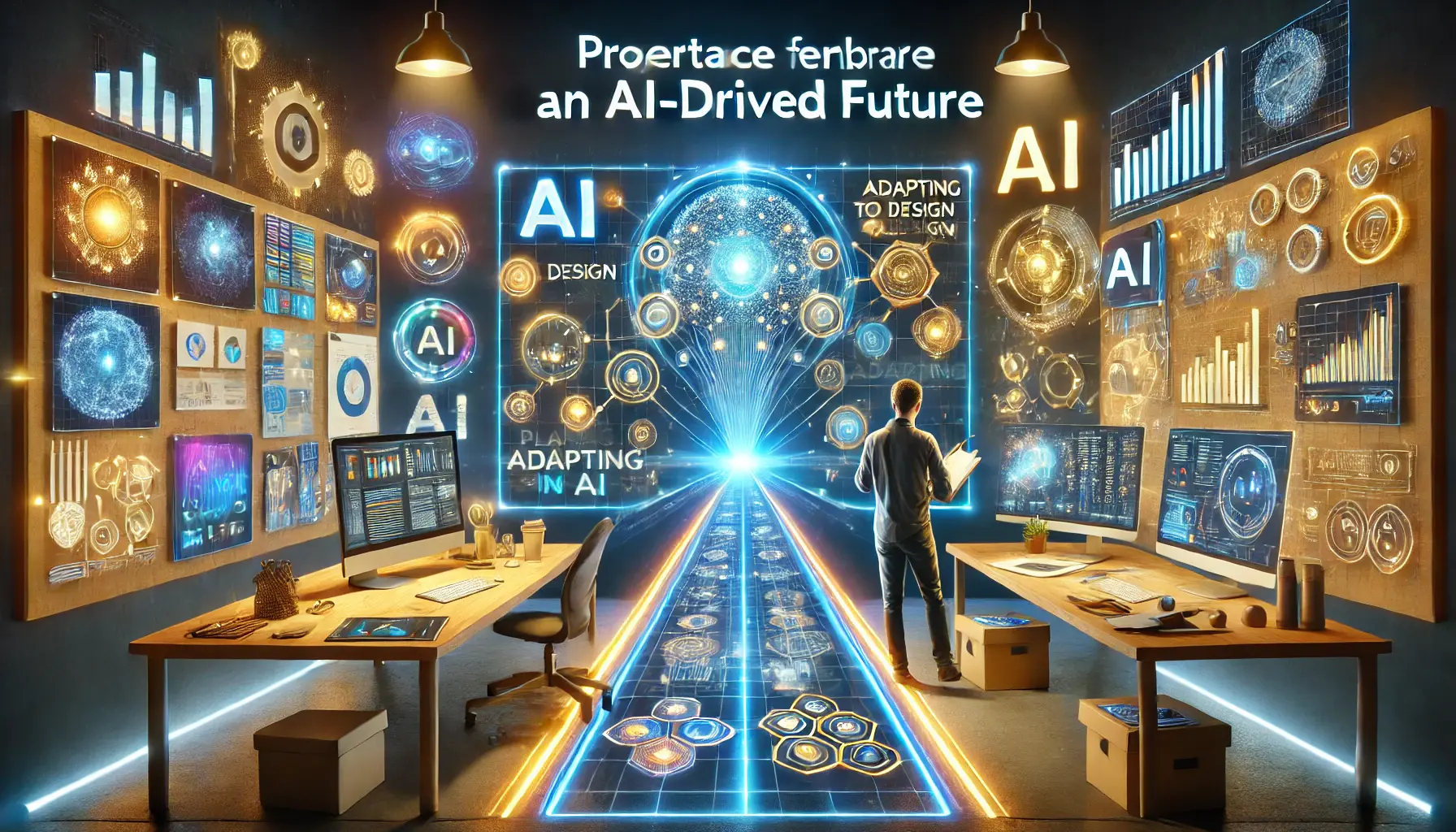 A futuristic design studio with AI-powered tools and a web designer planning for an AI-driven future, surrounded by glowing pathways leading to innovation.