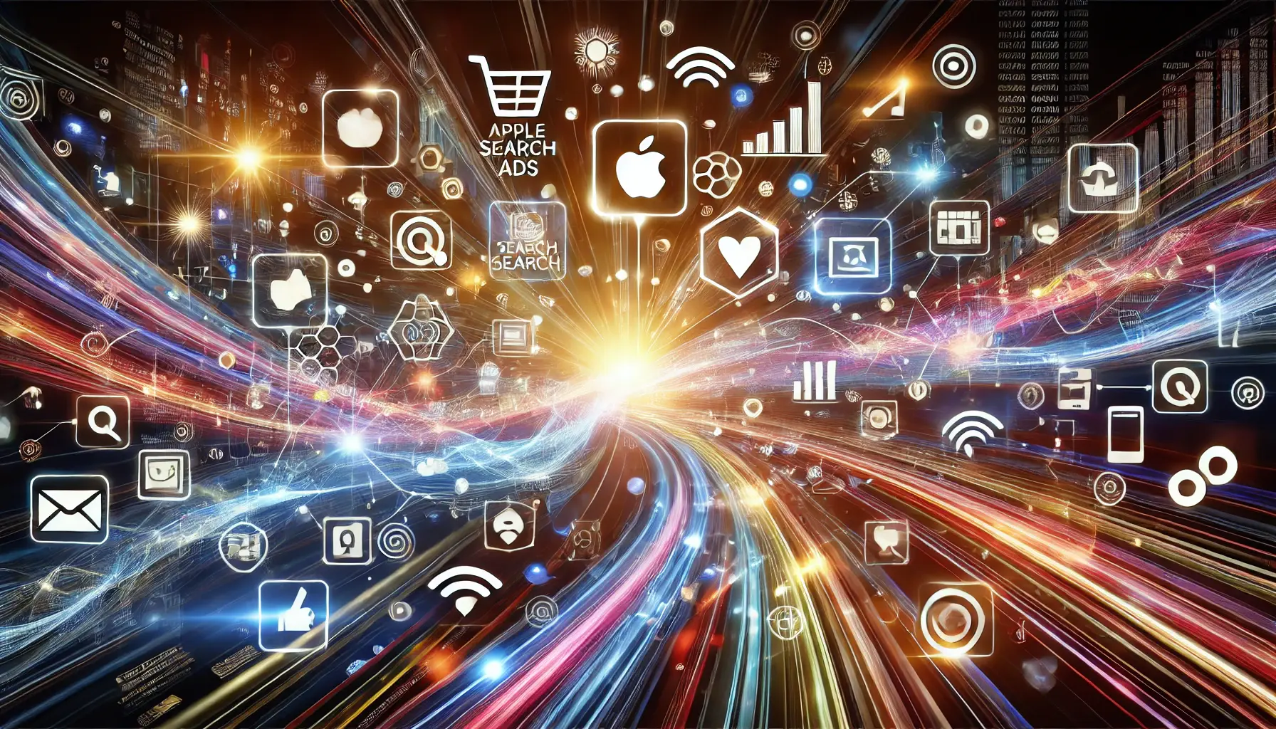 Dynamic digital scene illustrating consumer behavior with app icons, data streams, and interaction symbols connected by flowing pathways representing user engagement.