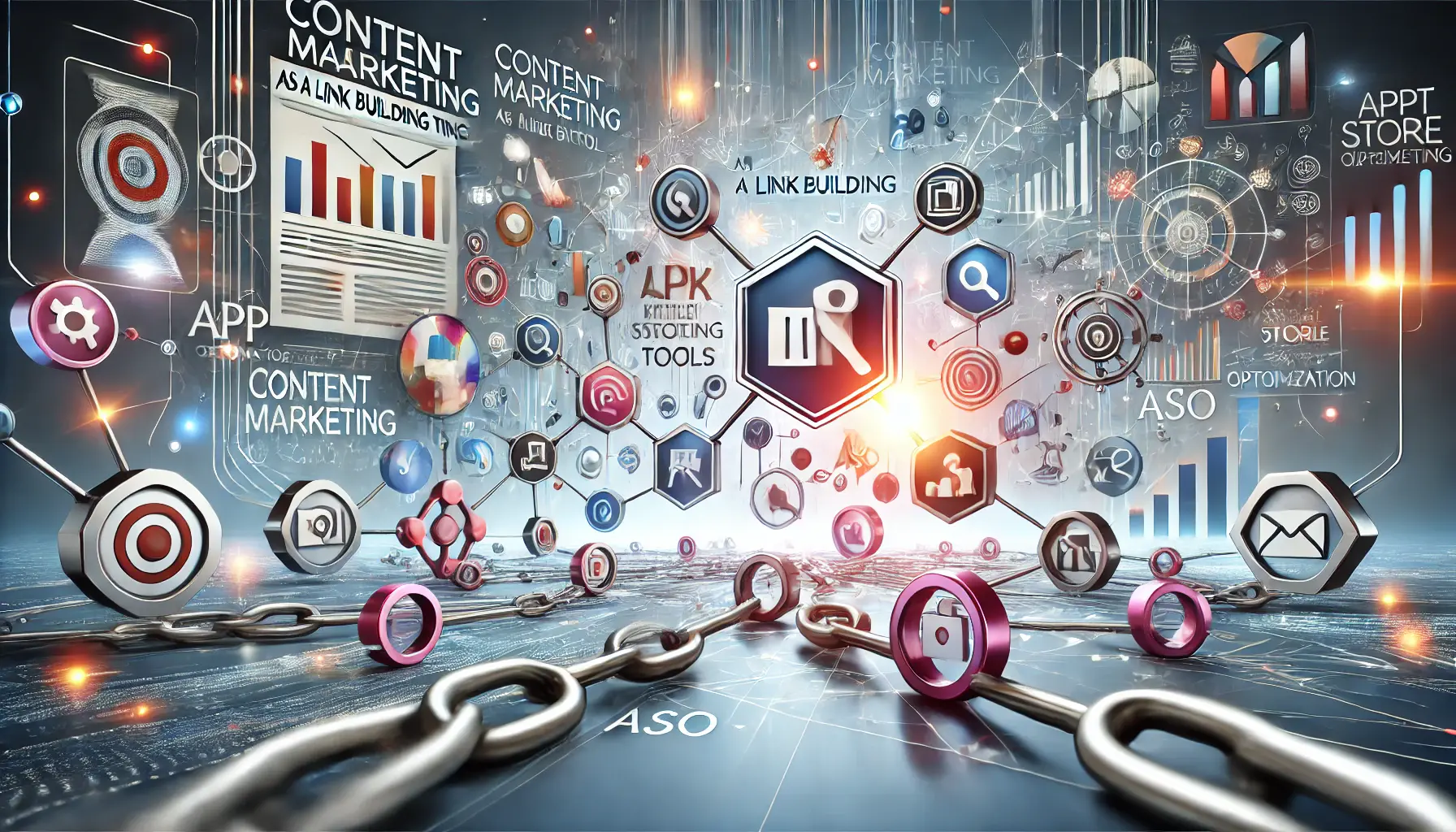 Abstract representation of digital content linked together, symbolizing content marketing as a tool for acquiring links in ASO.