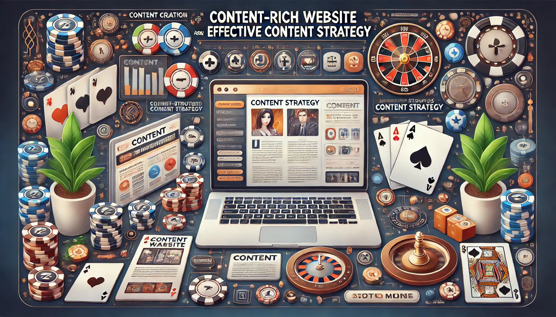 An image showing a website dashboard with a well-structured content plan, including articles, videos, and graphics, combined with subtle casino elements like poker chips and roulette.