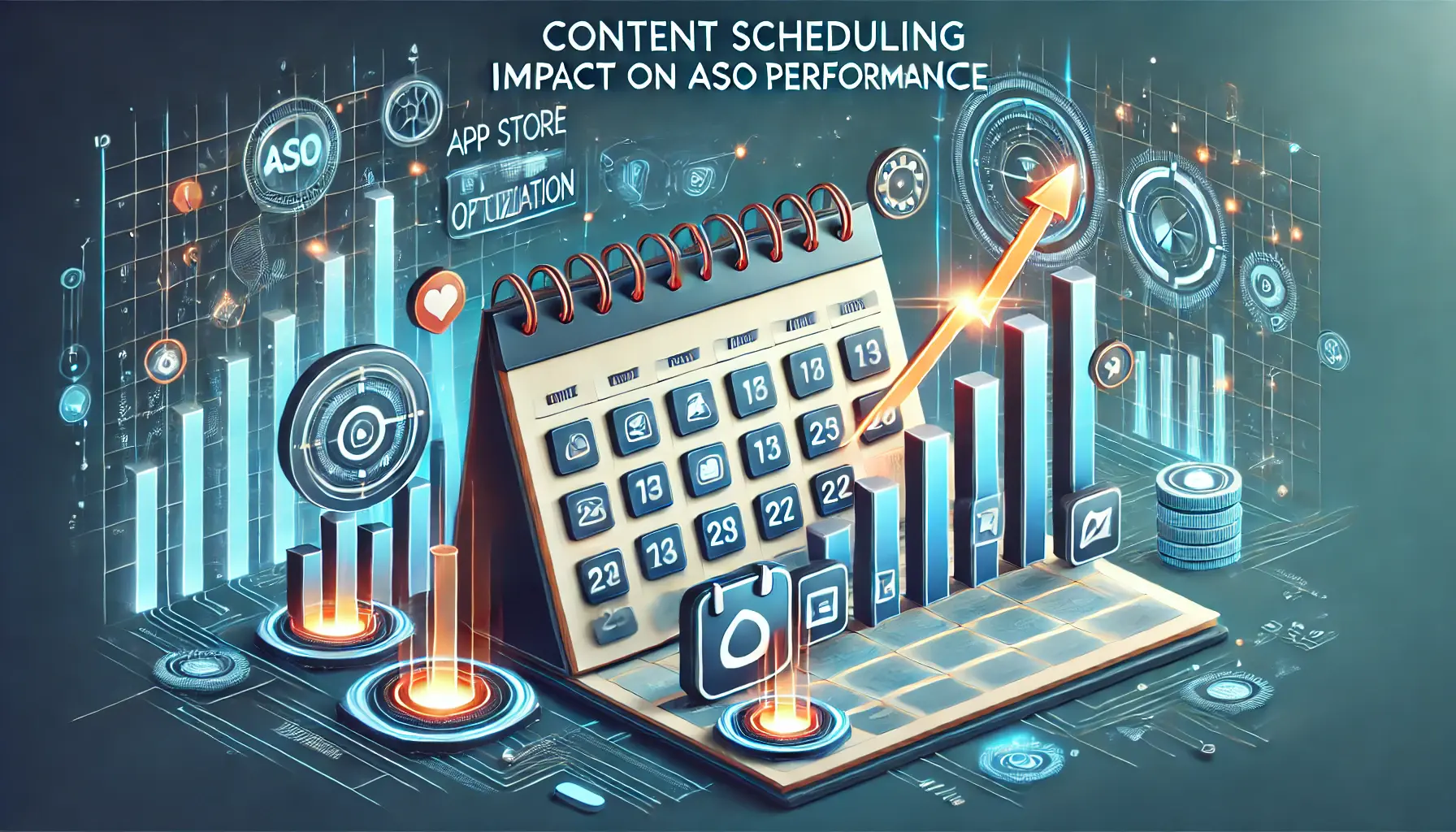 Illustration of content scheduling's positive impact on ASO performance with a rising graph and strategically placed app icons