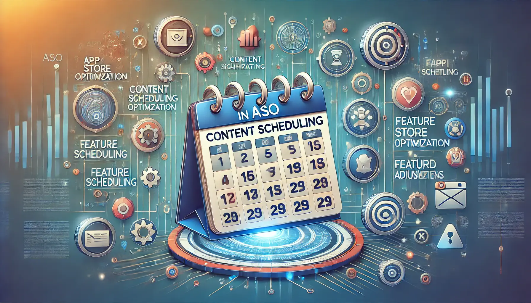 Visual representation of content scheduling for app store optimization with a digital calendar and app-related tasks