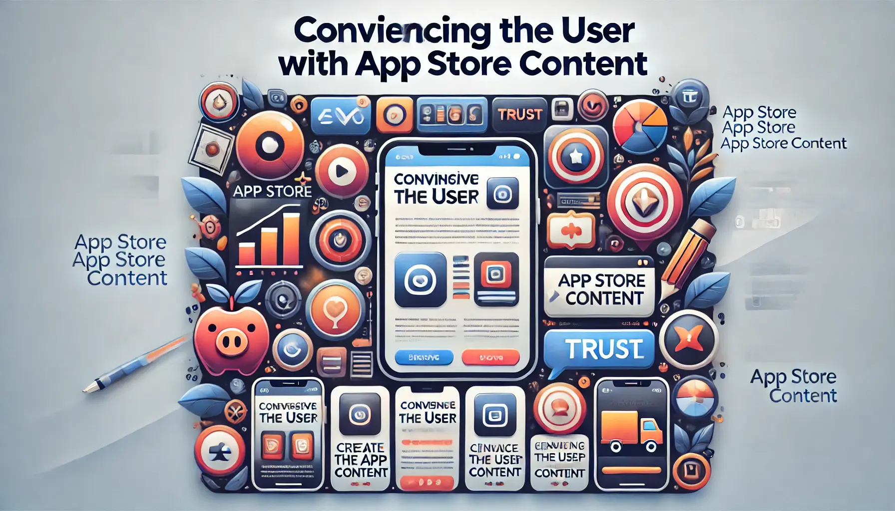 Illustration of persuasive app store content with eye-catching app icons, engaging screenshots, and a user-friendly interface