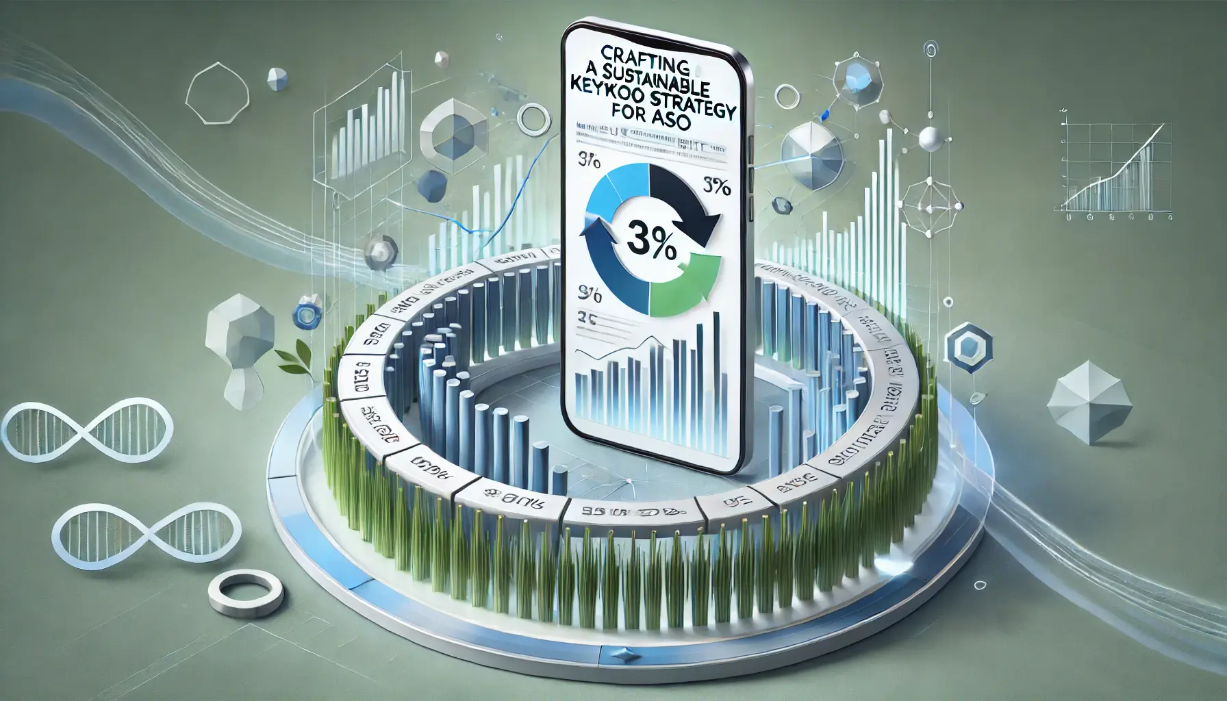 Abstract representation of crafting a sustainable keyword strategy, featuring a mobile device with performance graphs and a continuous loop symbolizing sustainability