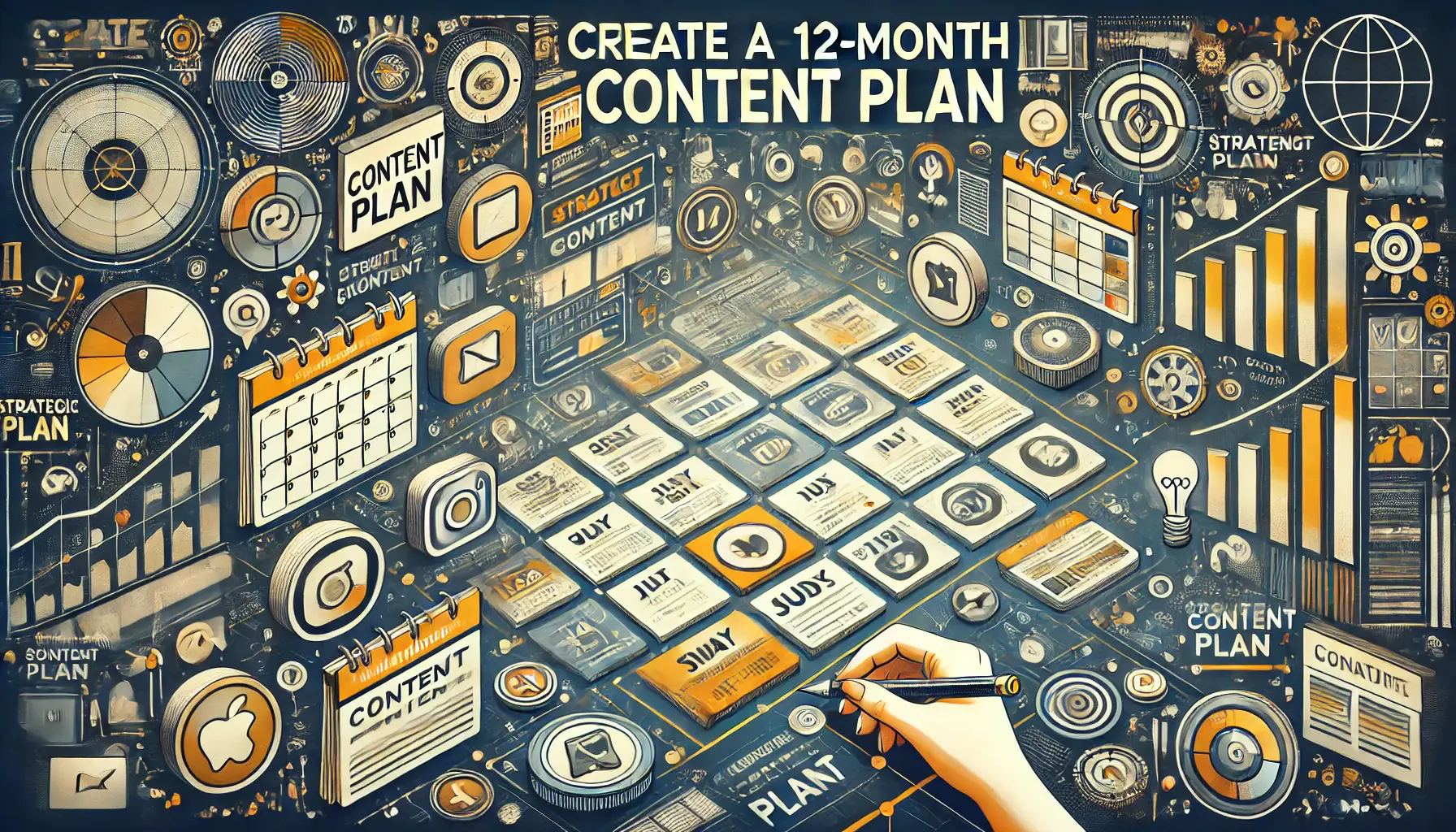 Illustration of developing a 12-month content plan with a yearly calendar, key dates, app icons, and a timeline