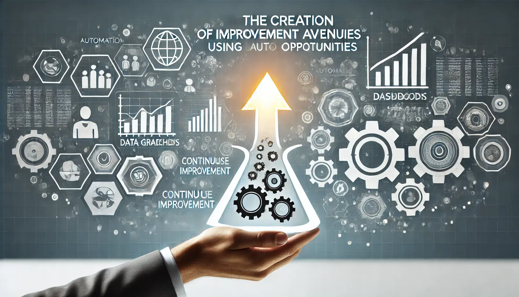 An image showing data graphs, dashboards, and arrows leading to new paths, symbolizing growth and optimization through automation data.