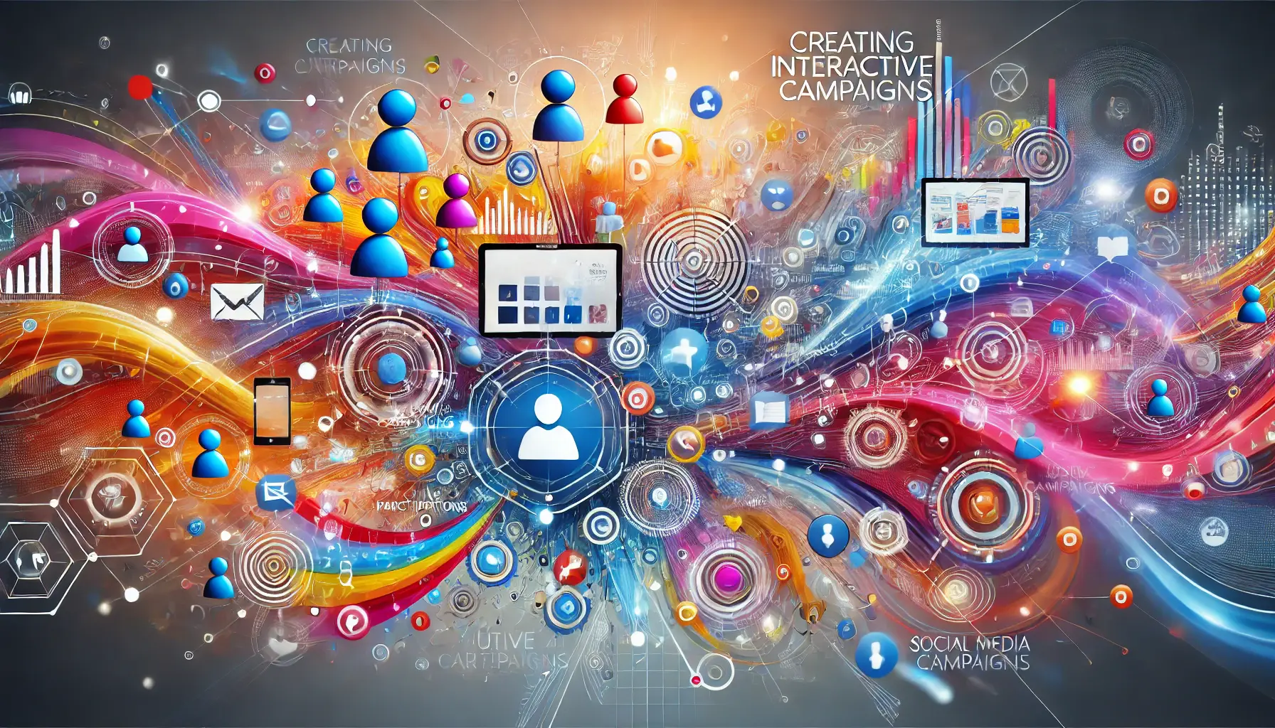 Abstract image representing interactive campaigns with digital touchpoints, connected lines, and social media interaction icons