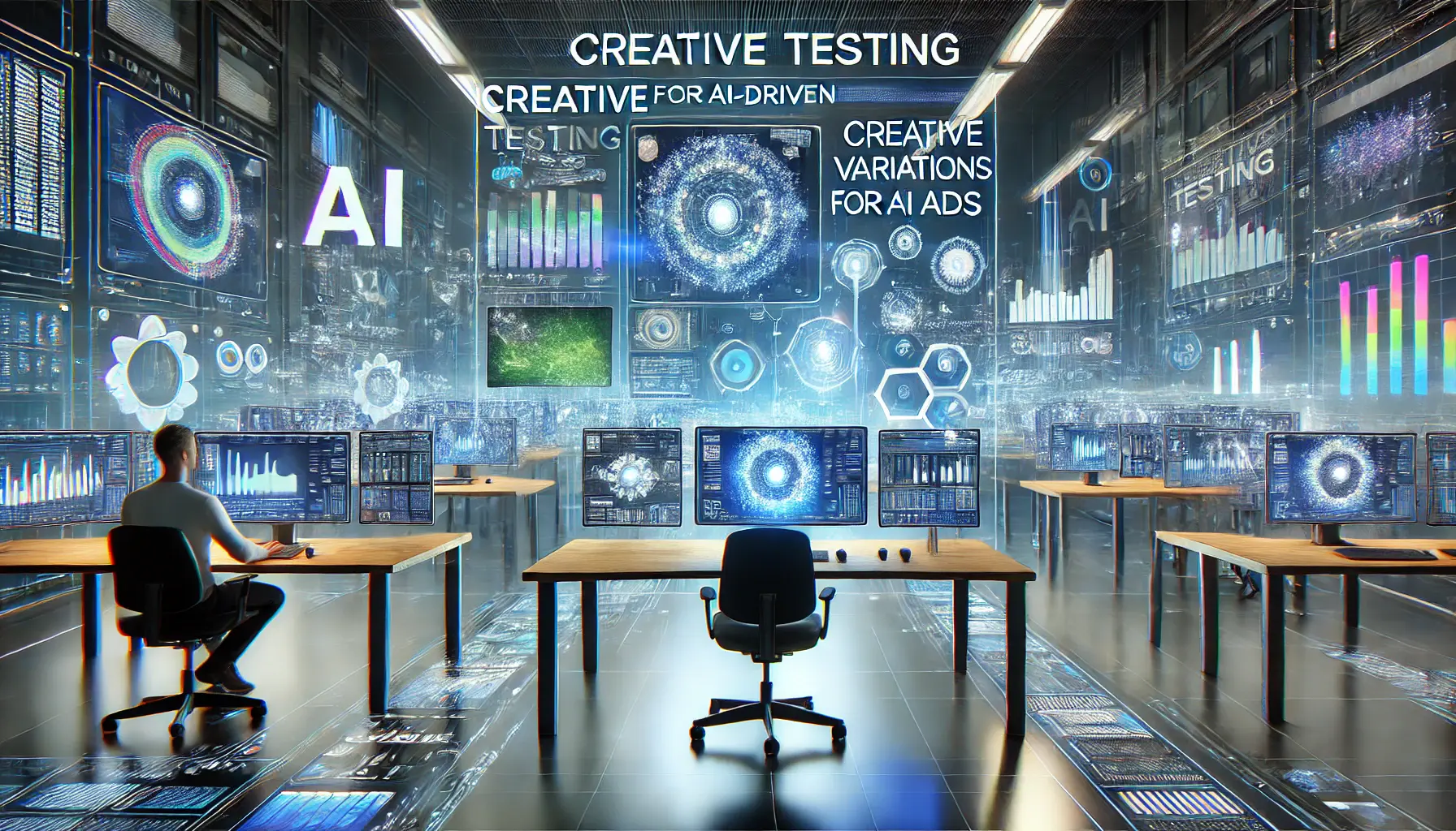 A futuristic digital interface showing multiple ad creatives being tested simultaneously by AI, symbolizing the creative testing process in AI-driven advertising.