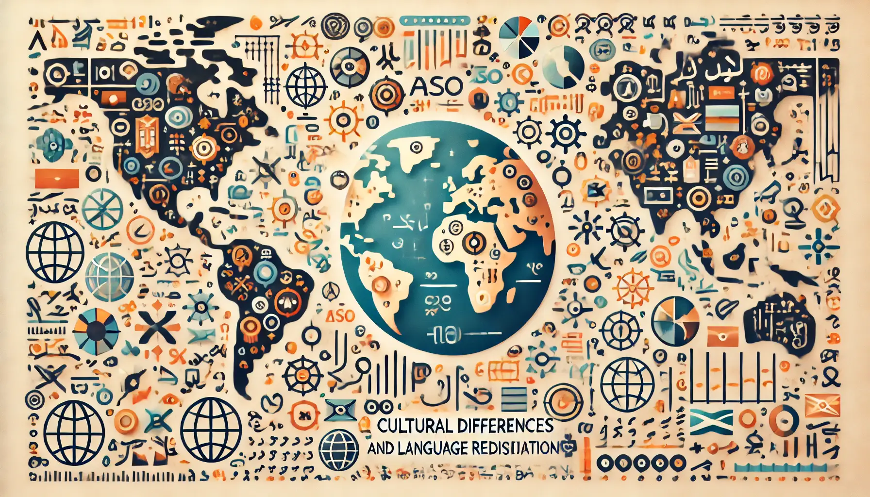 World map with various cultural symbols and language scripts scattered across different countries, representing the diversity of cultures and languages.