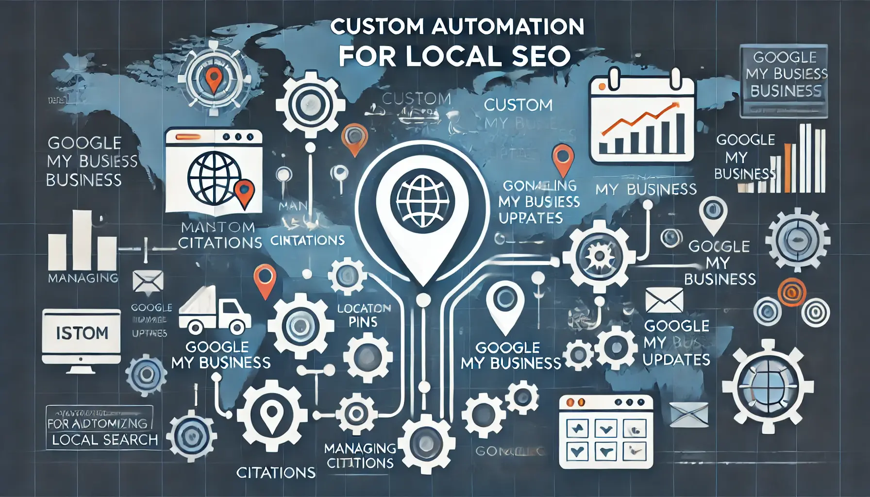 An image showing maps with location pins, gears, and dashboards, symbolizing the automation of local SEO tasks like managing citations and optimizing for local search.