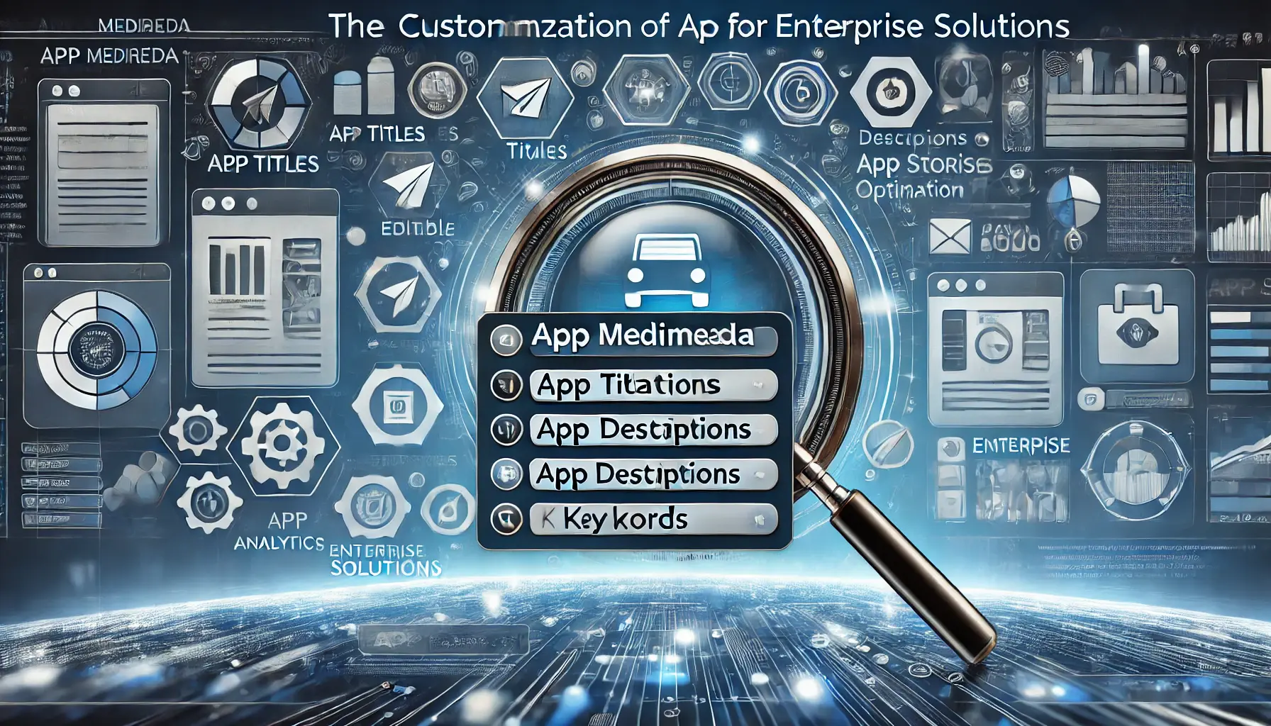 Image depicting the customization of app metadata for enterprise solutions, featuring a digital interface with editable fields and icons symbolizing business concepts.