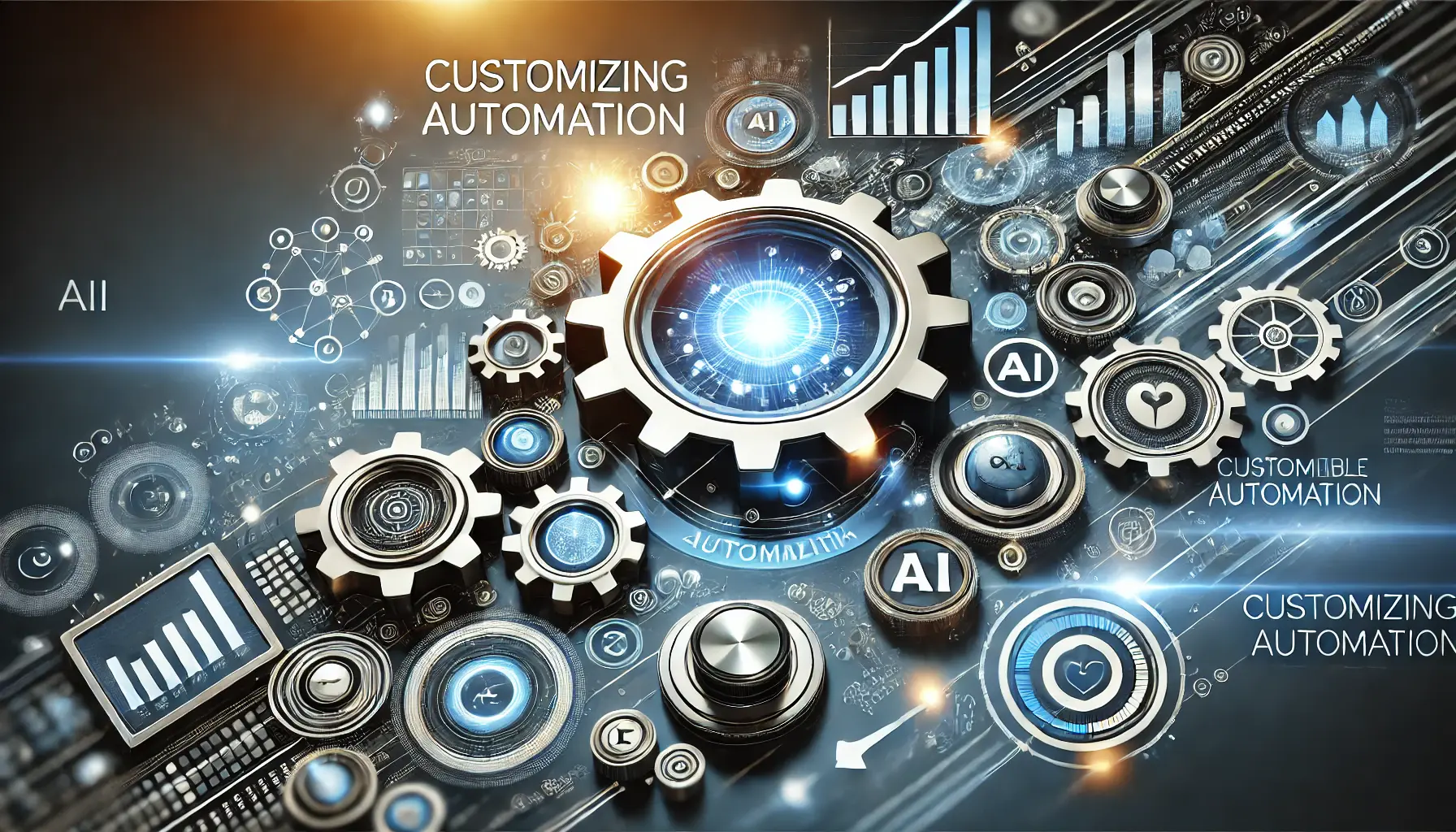 Digital illustration showing gears, sliders, and customizable controls symbolizing the flexibility and personalization of automation for specific business needs.