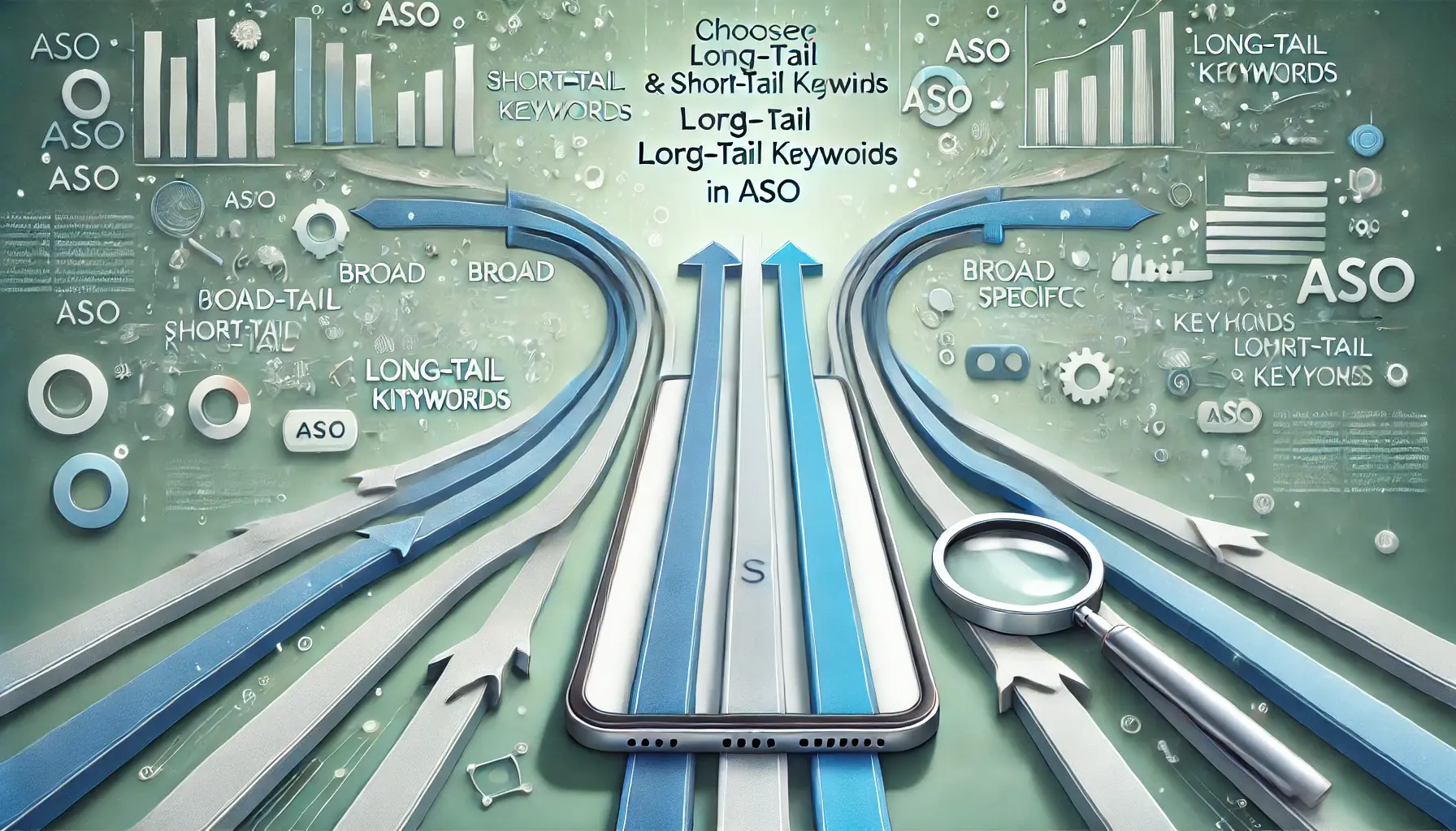 Abstract depiction of choosing between long-tail and short-tail keywords in ASO, featuring data streams from a mobile device with arrows indicating direction