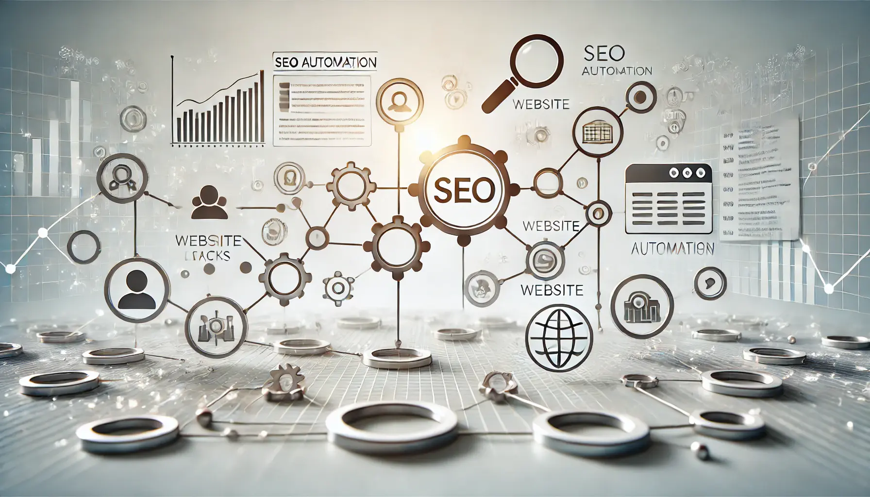 A minimalistic visual depicting interconnected elements symbolizing SEO automation with gears, graphs, and arrows forming a continuous loop.