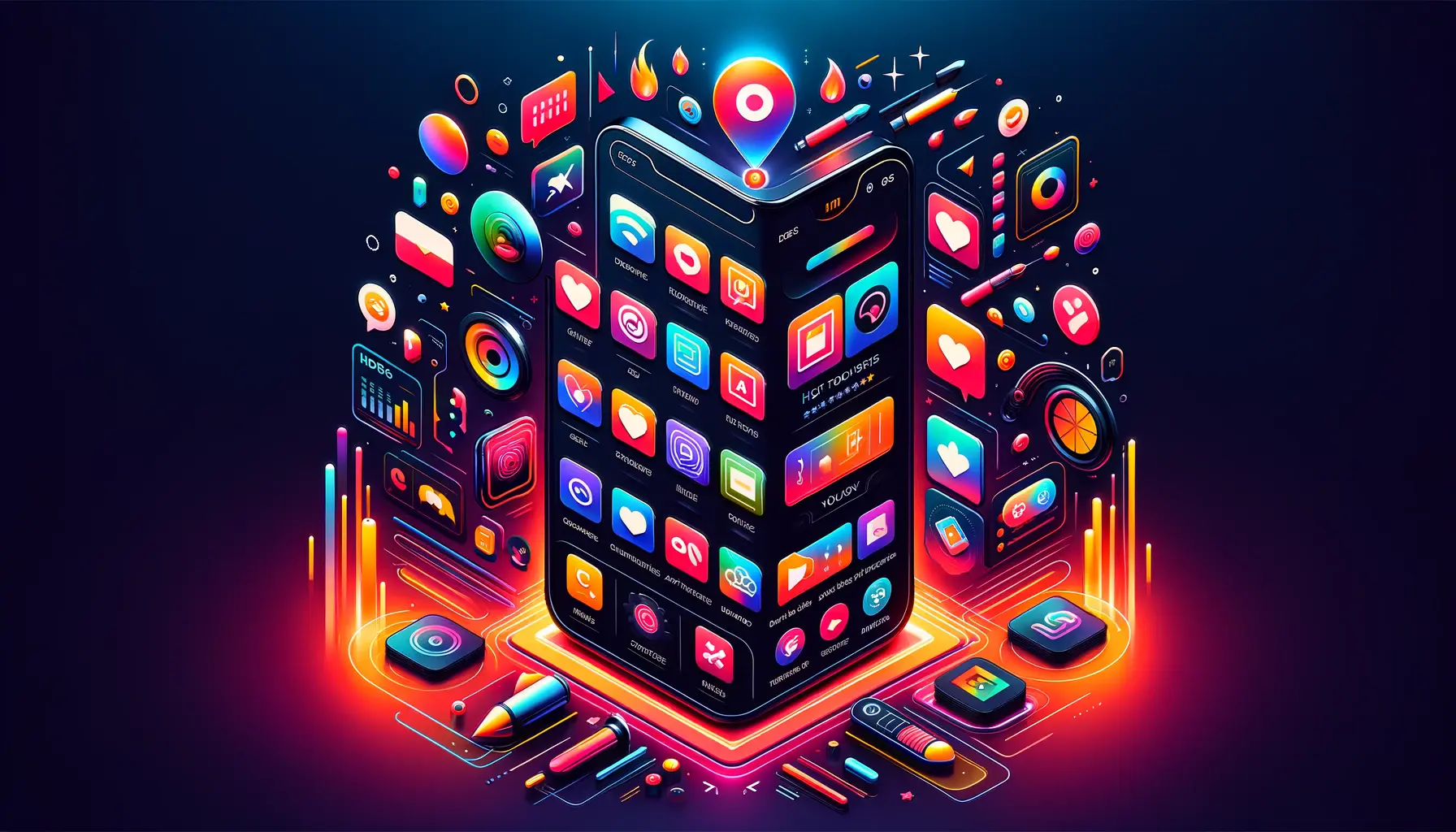 An image featuring a central smartphone surrounded by vibrant app icons and sleek screenshots, symbolizing the role of eye-catching visuals in achieving App Store success.