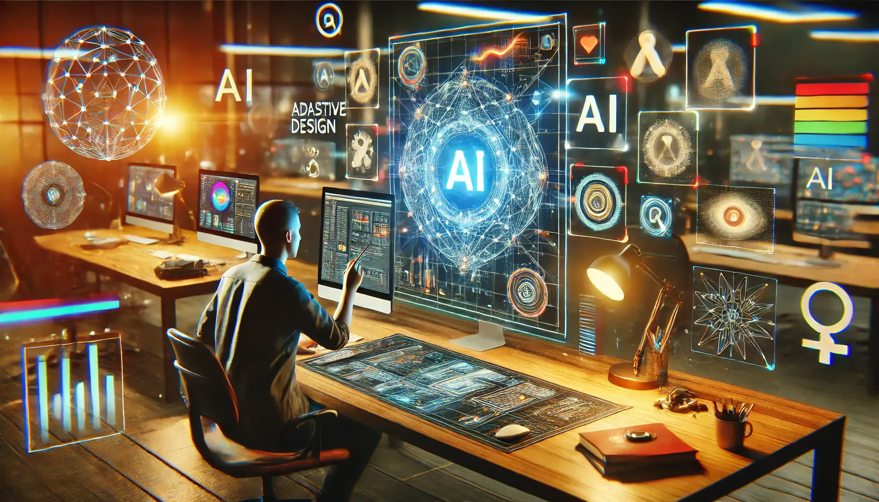 A scene of a designer working with AI-powered tools in a modern design environment, interacting with dynamic design elements and real-time AI suggestions.