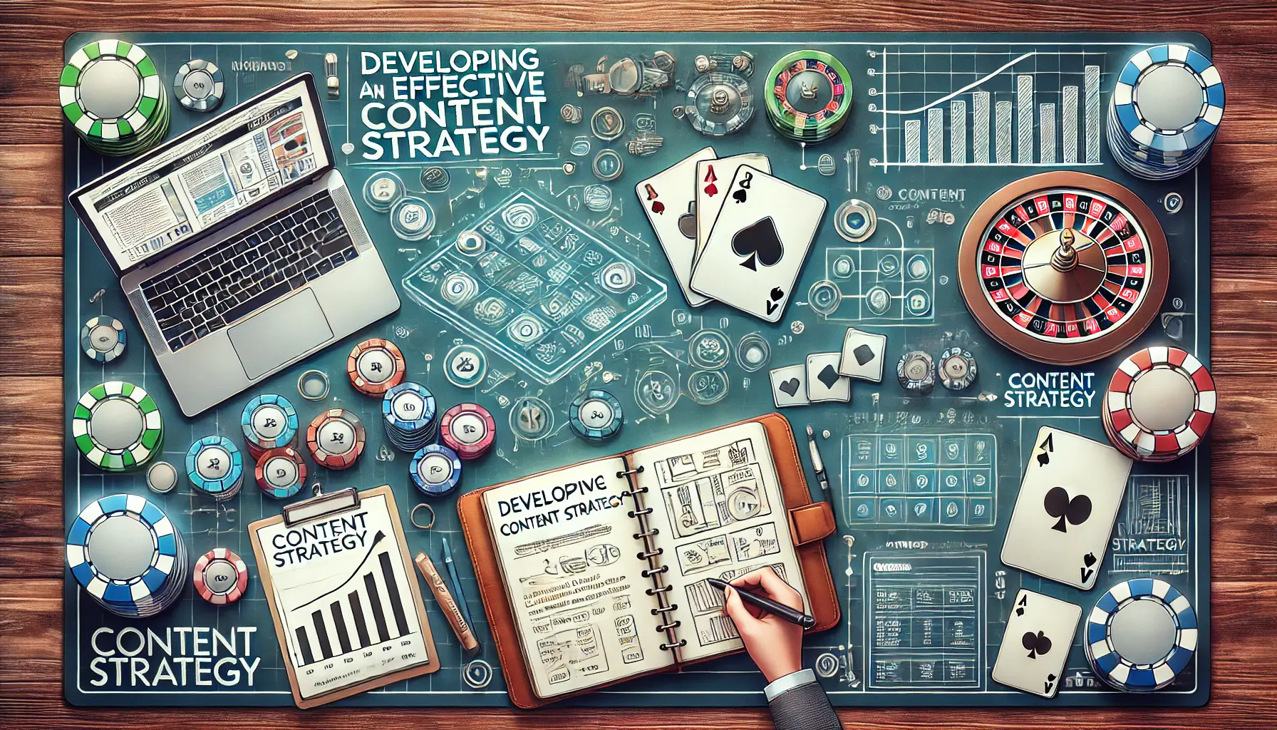 A scene with a laptop and notebook displaying content plans and strategy graphs, combined with subtle casino visuals like poker chips and roulette.