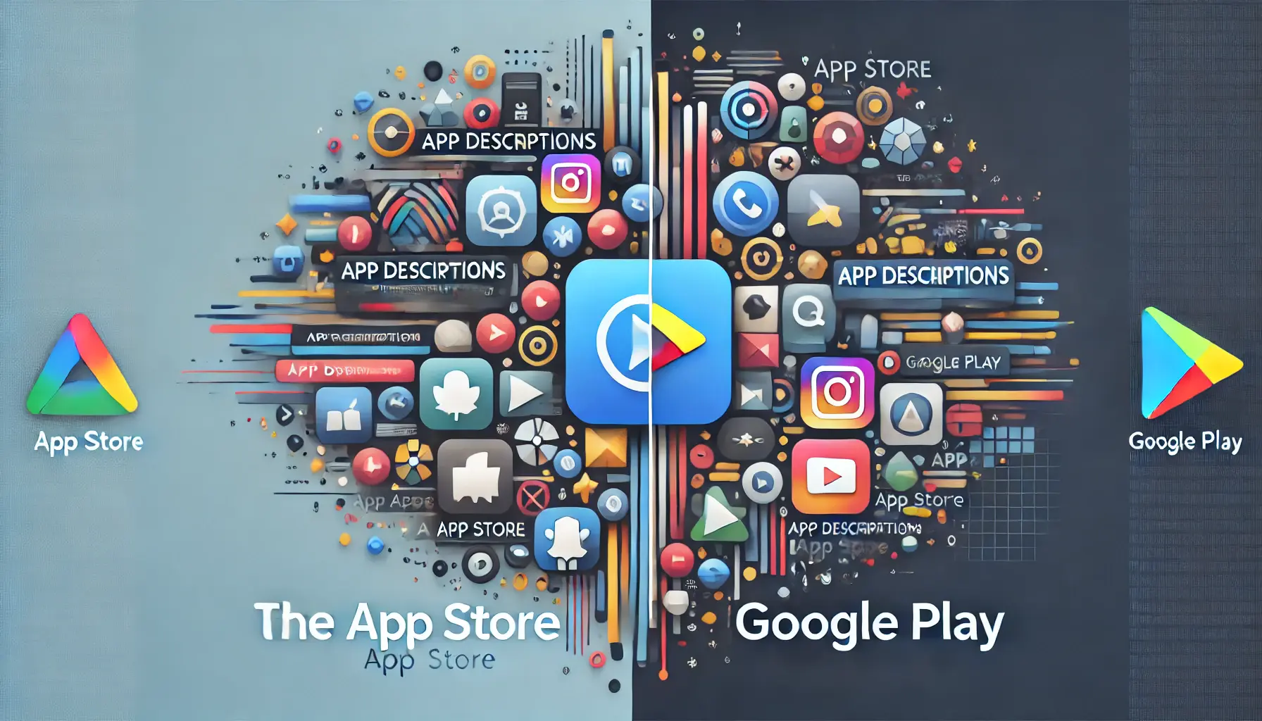 Abstract depiction of the differences between app descriptions and their impact on the App Store and Google Play.