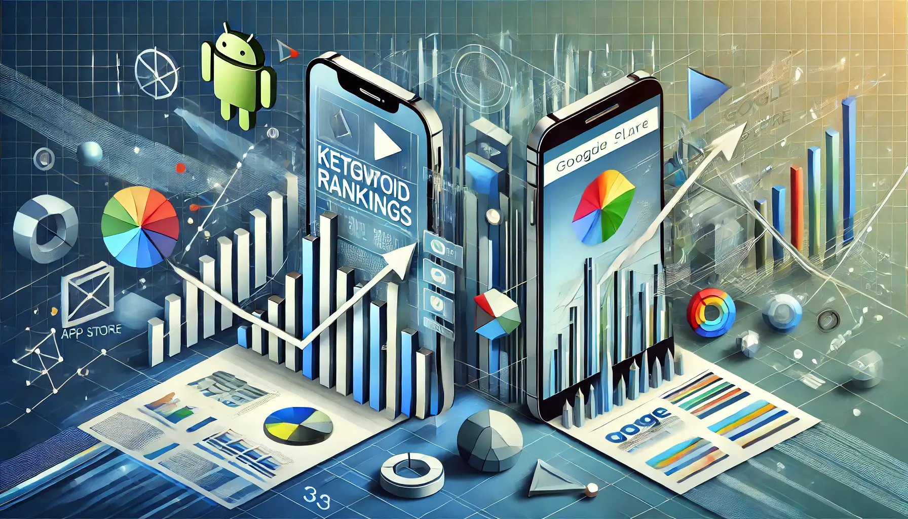 Abstract representation of differences in keyword rankings across platforms, featuring an iPhone and Android phone displaying Apple App Store and Google Play Store interfaces