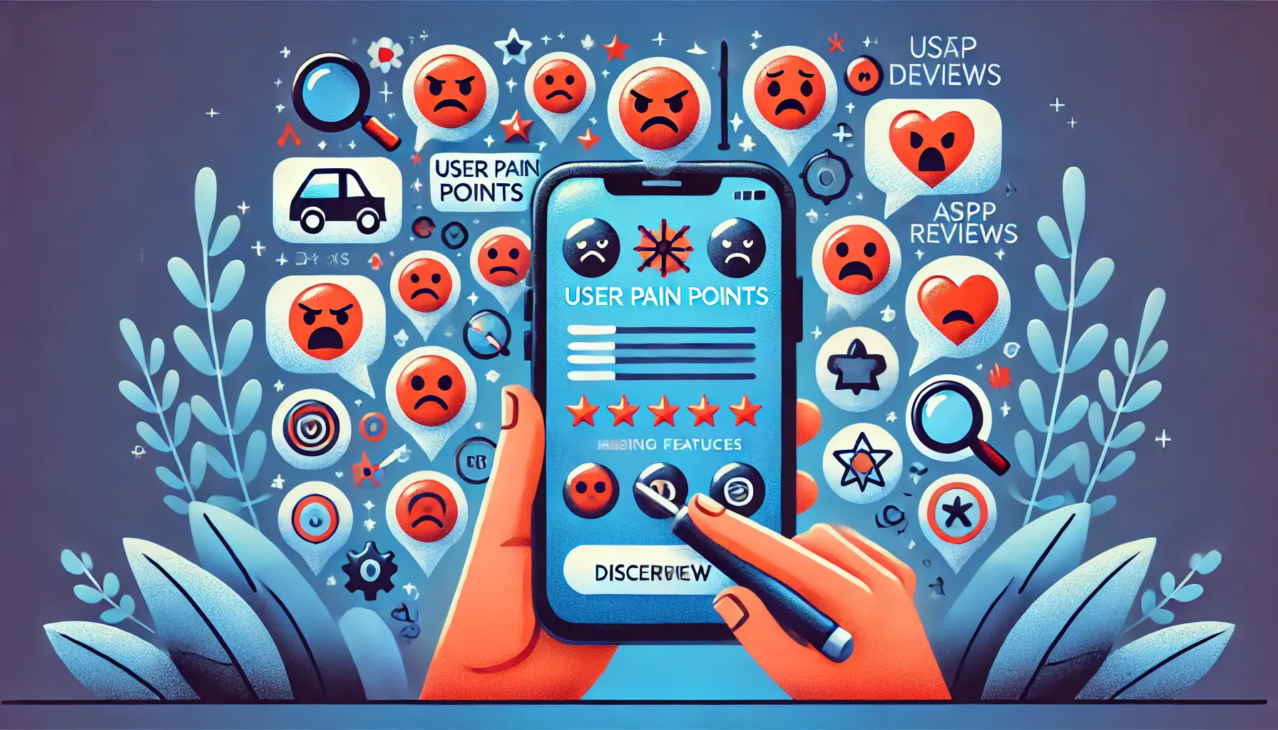 A mobile app with feedback bubbles showing pain points like bugs and usability issues, accompanied by alert icons and tools symbolizing the discovery of these issues.