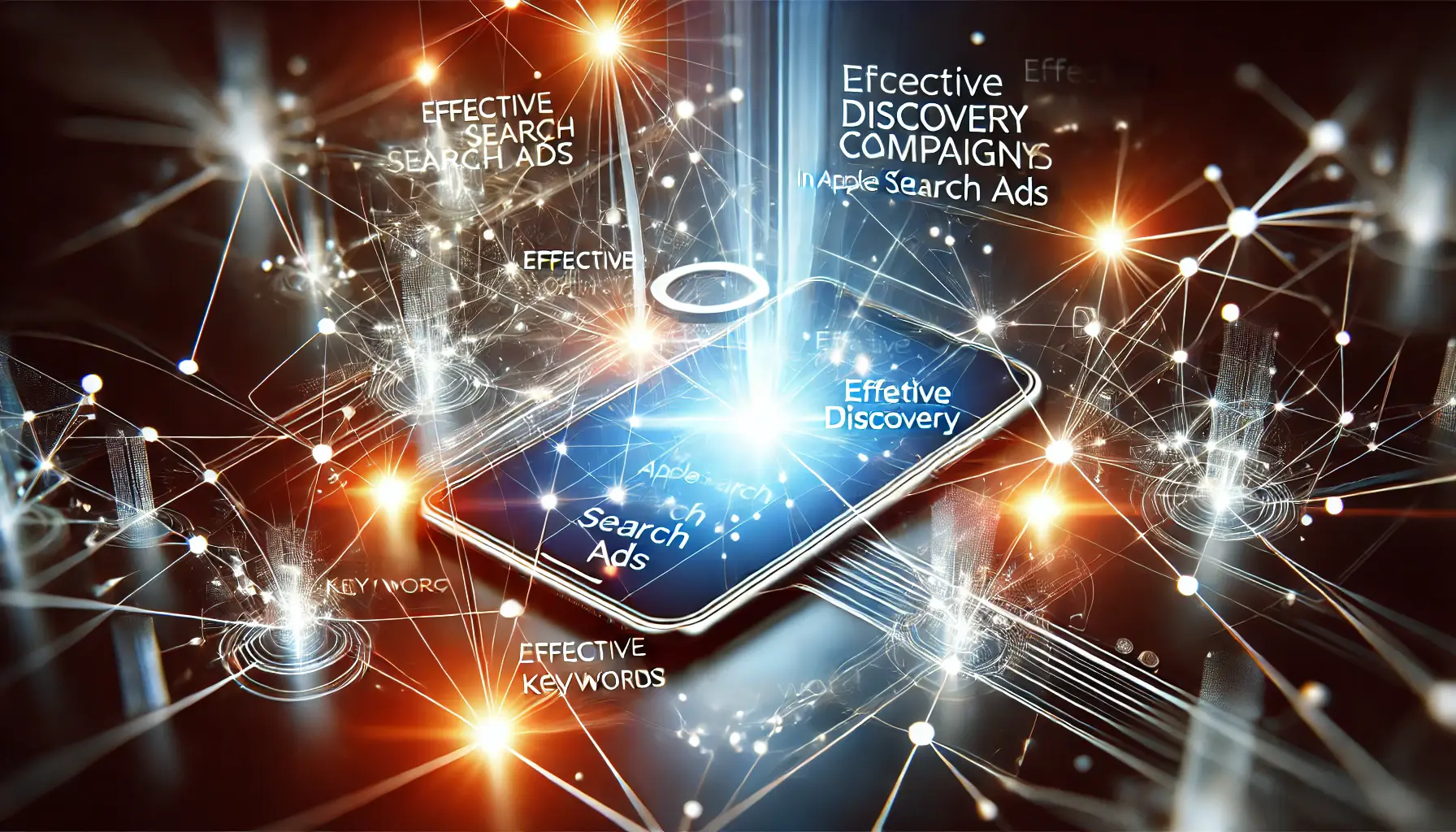 Abstract representation of discovery campaigns with interconnected nodes and bright glowing elements, symbolizing effective keyword discovery in digital marketing.