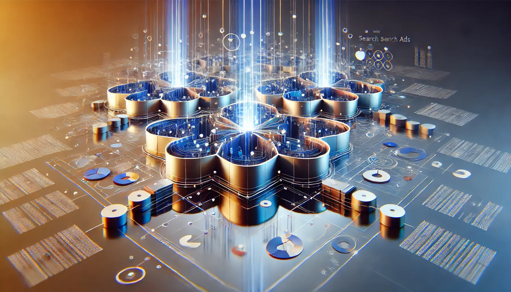 Abstract representation of duplicating campaigns with mirrored elements and expanding networks, symbolizing strategic growth and market expansion in digital marketing.