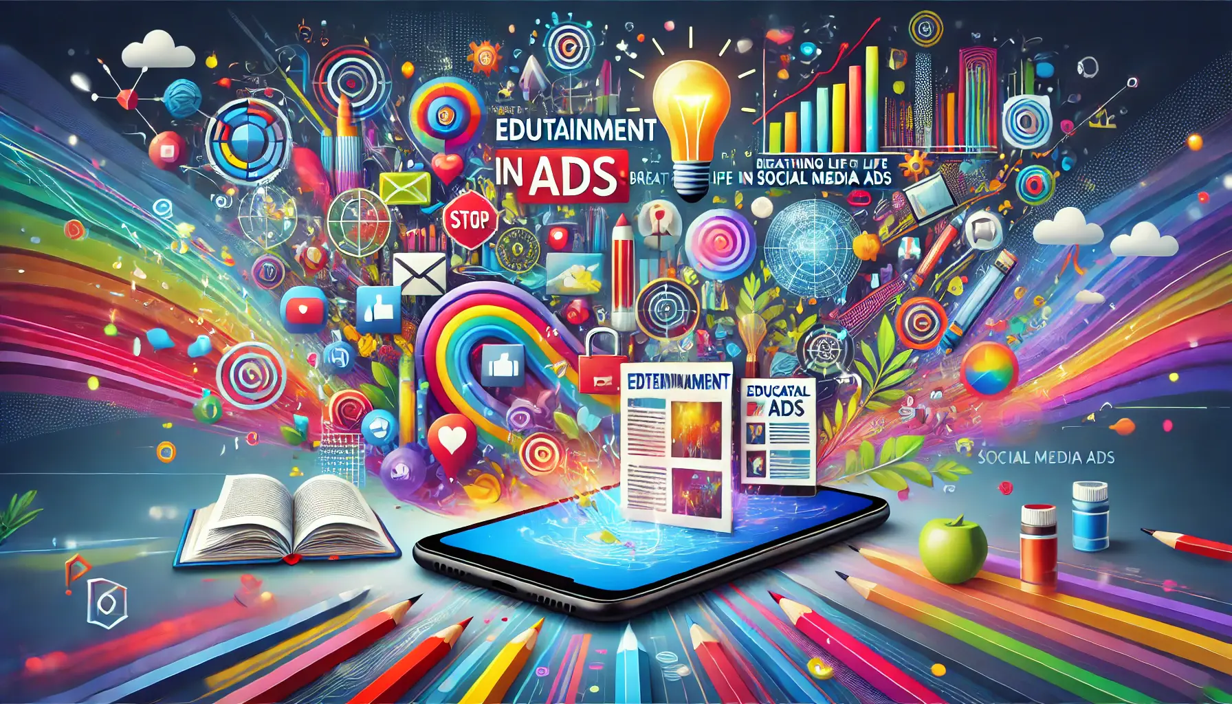 A vibrant and engaging scene representing the concept of edutainment in social media ads, featuring a smartphone displaying an interactive and colorful advertisement with digital marketing elements like light bulbs, books, and abstract graphics.